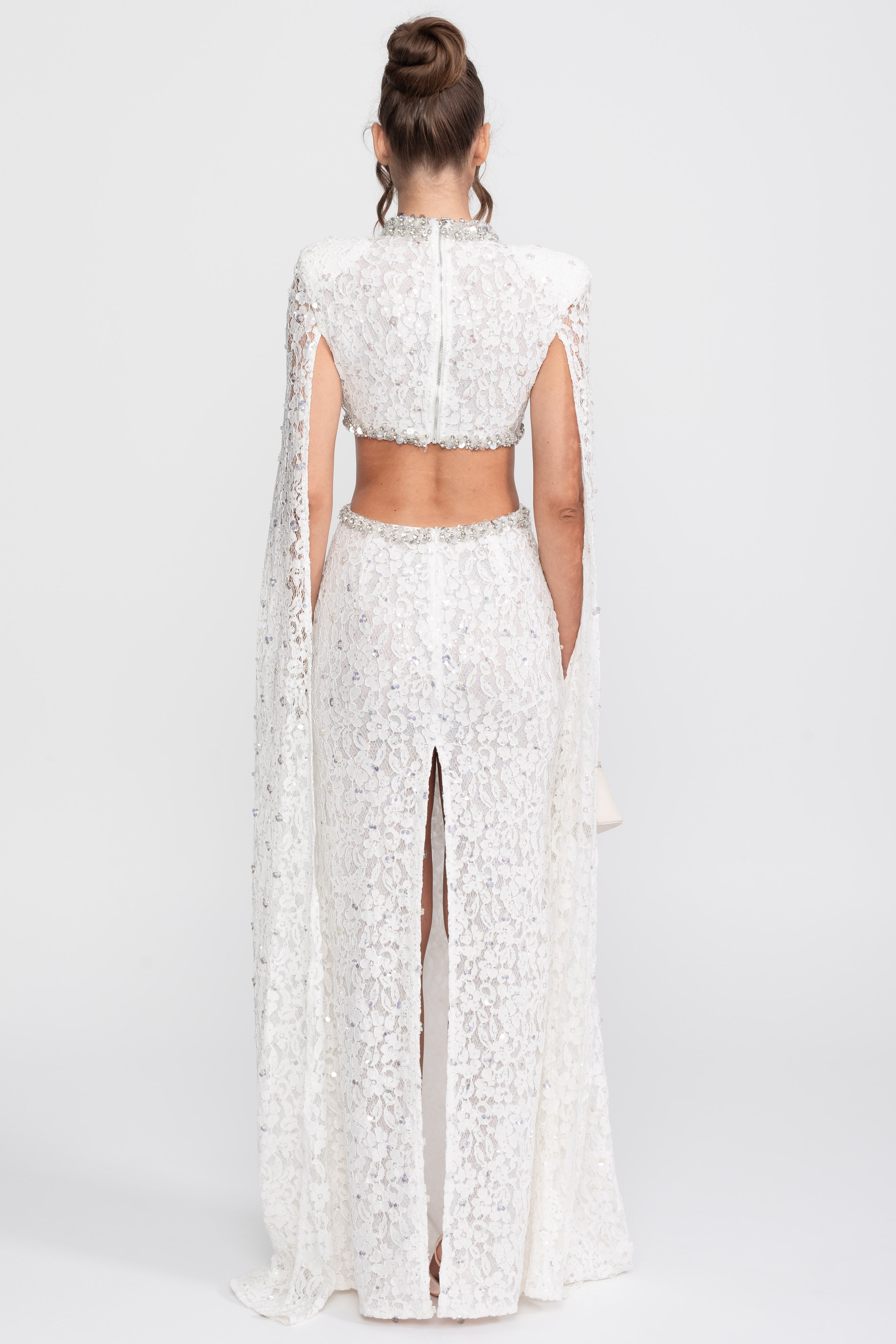 Crystal Cutout Lace Gown With Sequin Embellishments - White