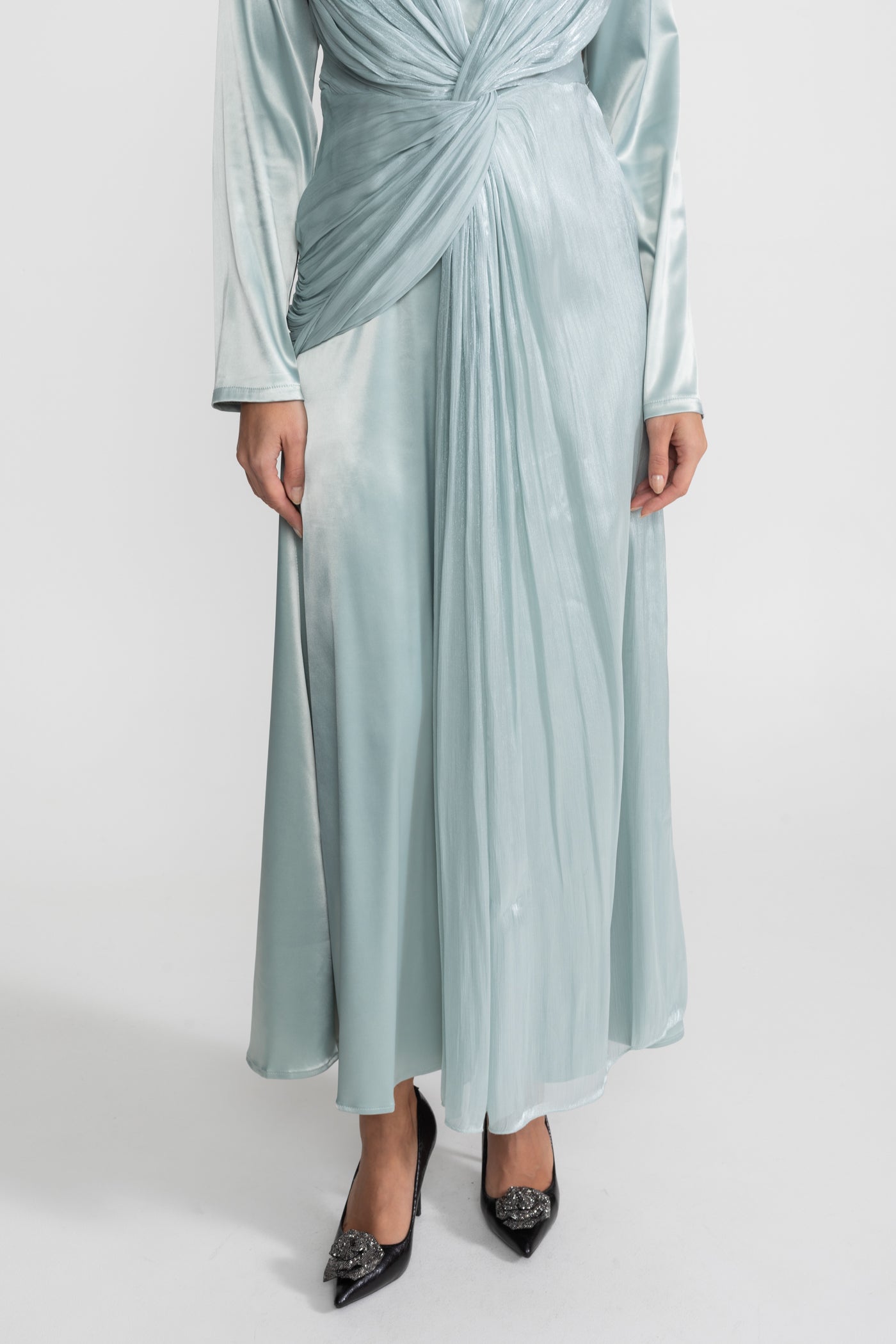 Satin Midi Dress with Draped Overlay and Knot Detail - Teal