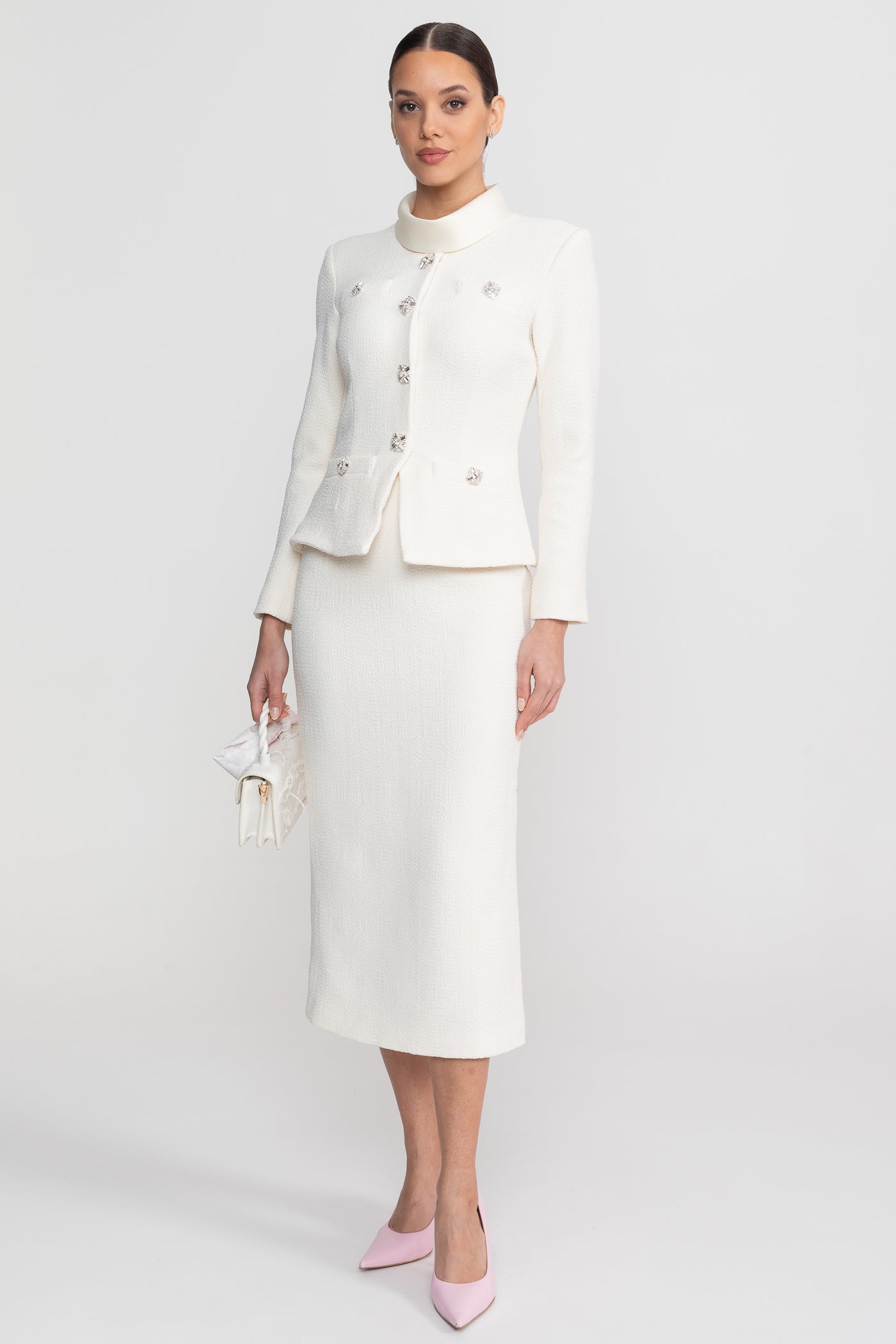 Textured Midi Dress With High Neck Jacket And Crystal Button Detail - White