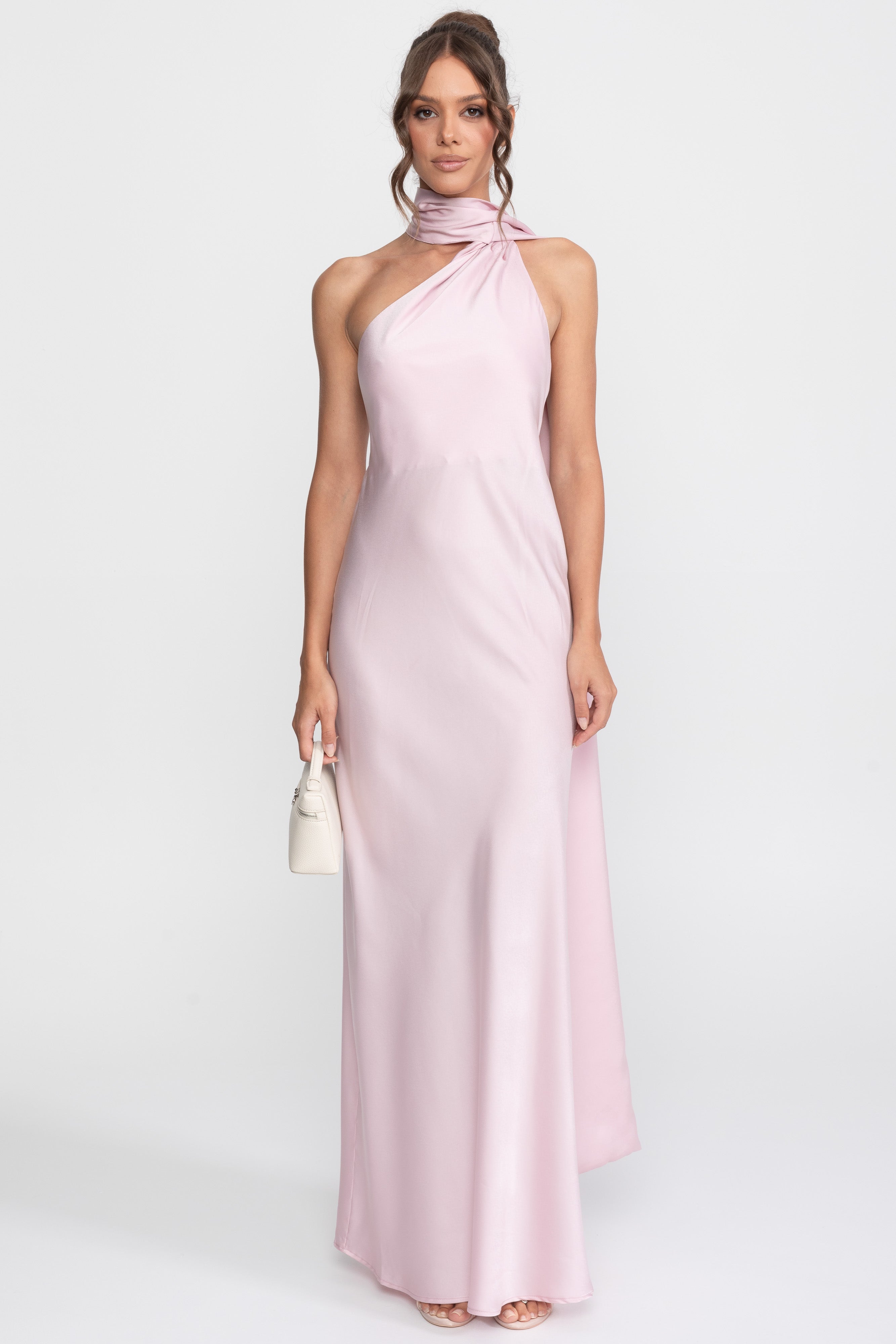فستان سليب ساتان برباط حول الرقبة مع ياقة غير متماثلة - Pink 