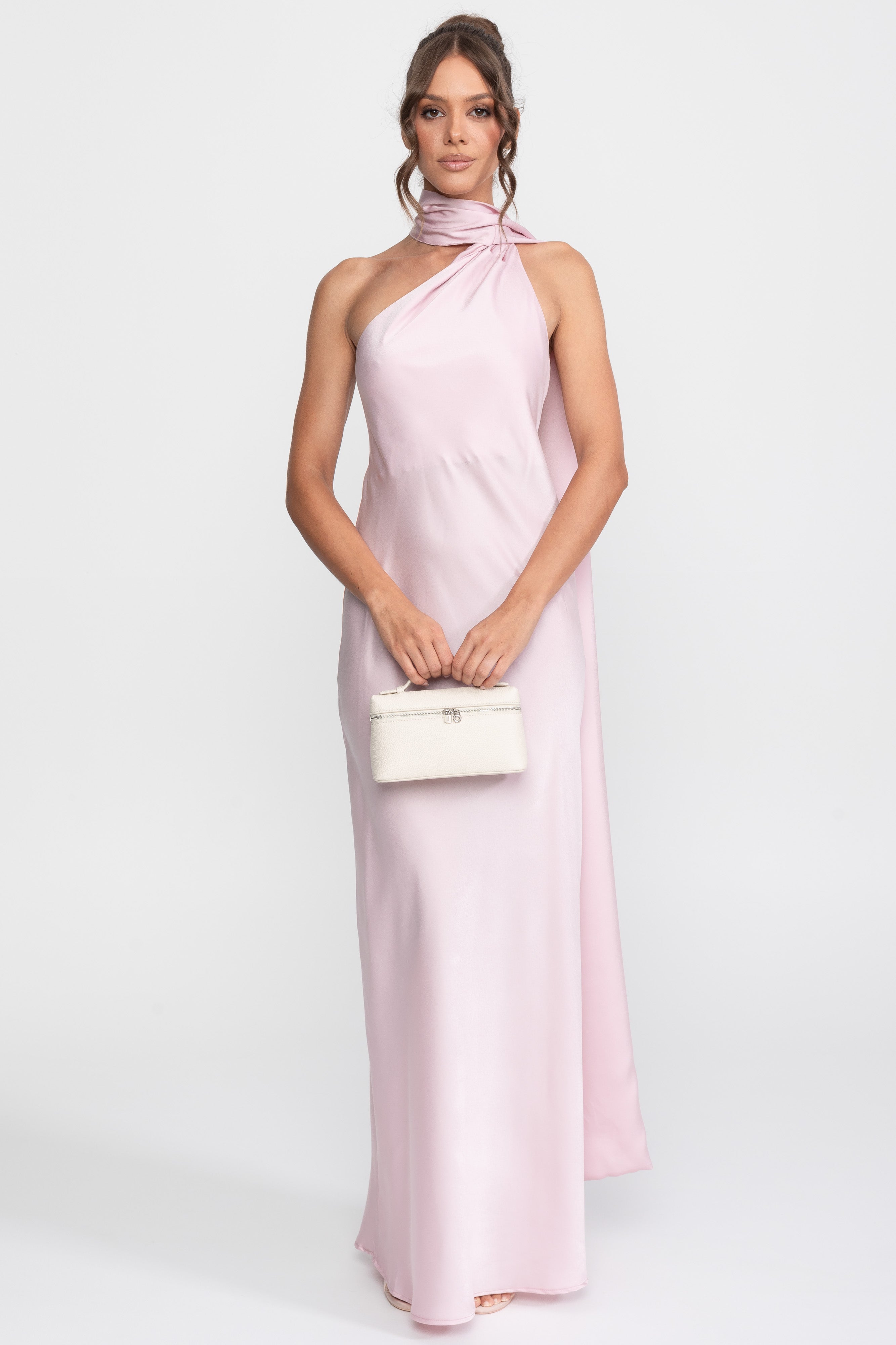 فستان سليب ساتان برباط حول الرقبة مع ياقة غير متماثلة - Pink 