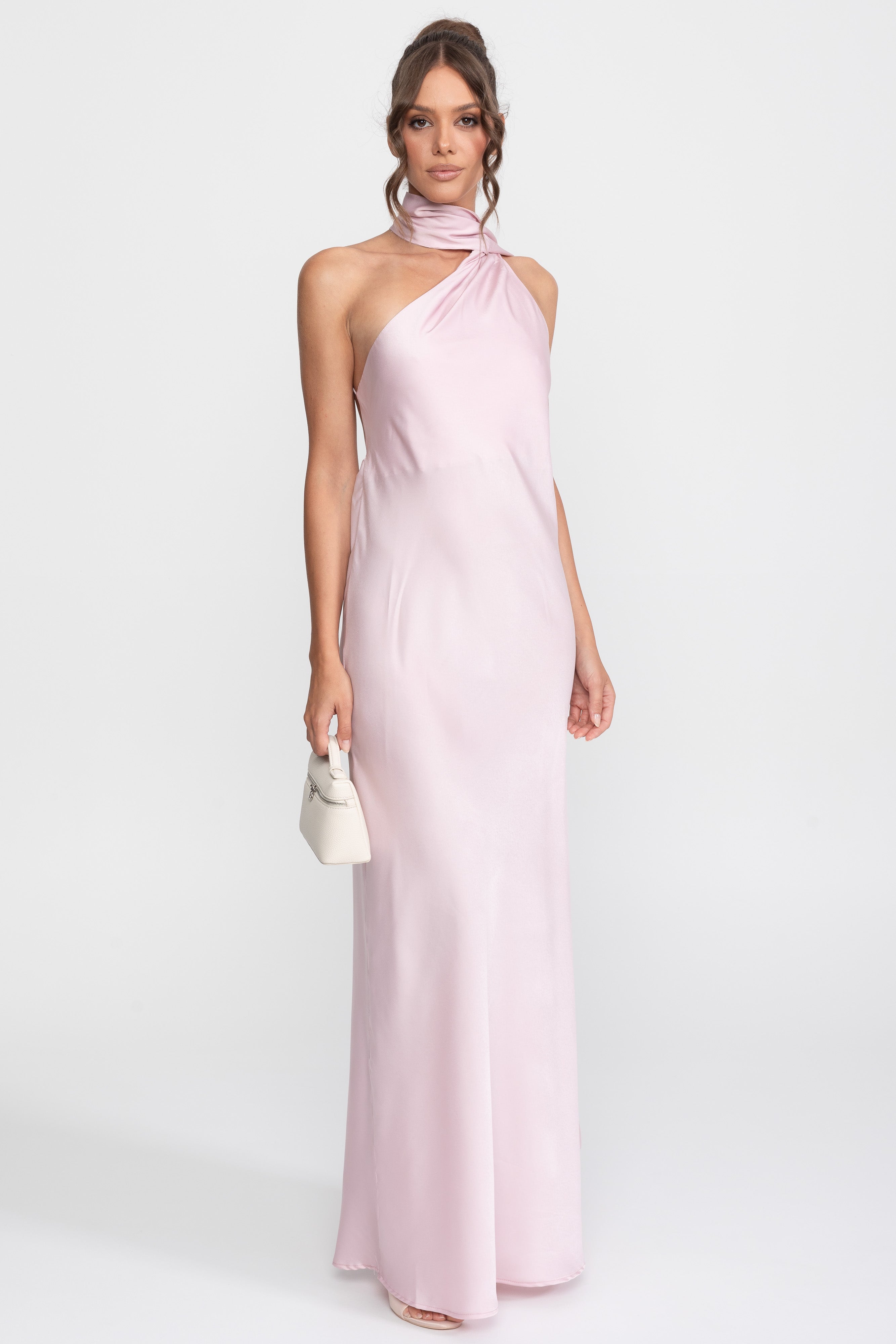 فستان سليب ساتان برباط حول الرقبة مع ياقة غير متماثلة - Pink 