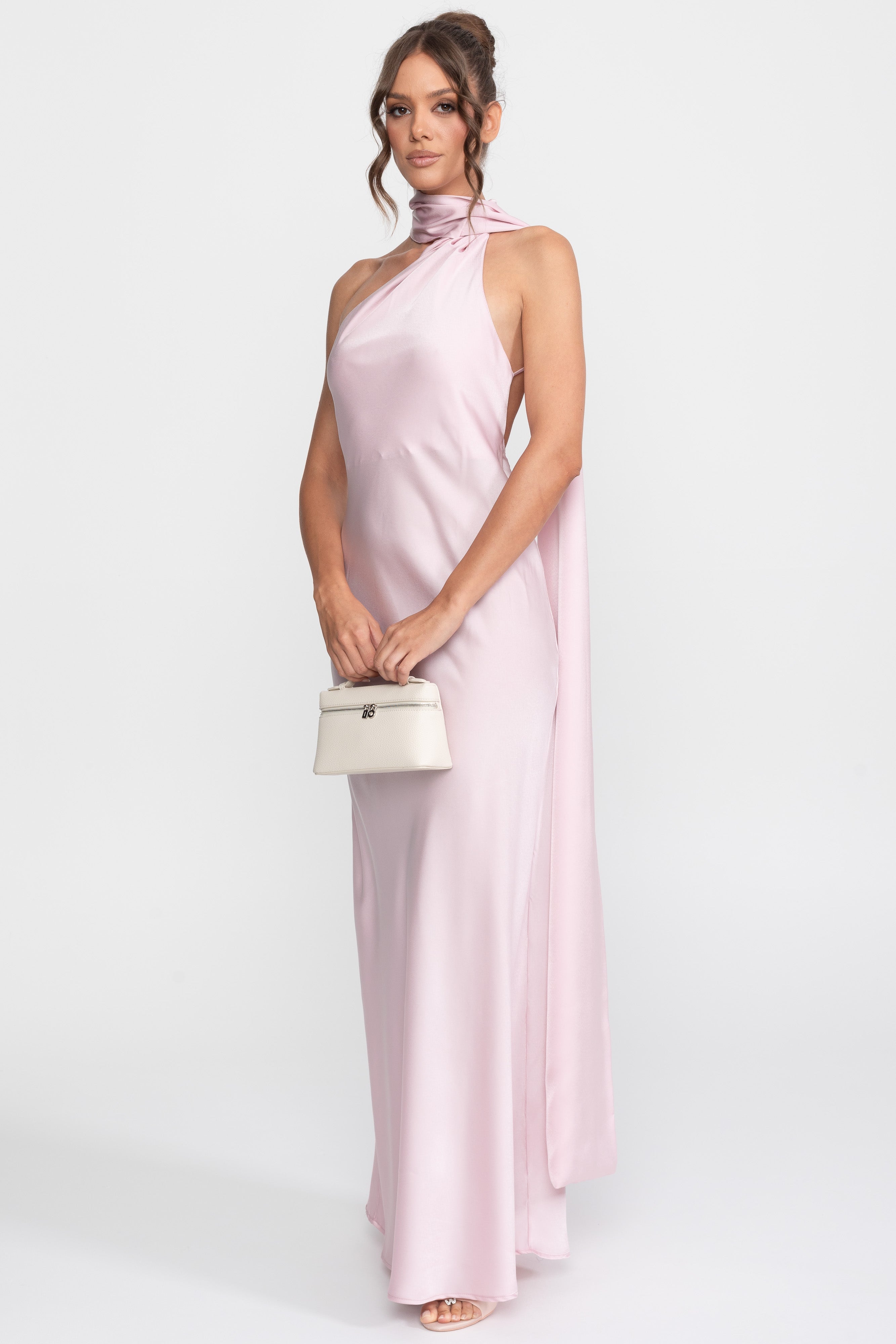 فستان سليب ساتان برباط حول الرقبة مع ياقة غير متماثلة - Pink 