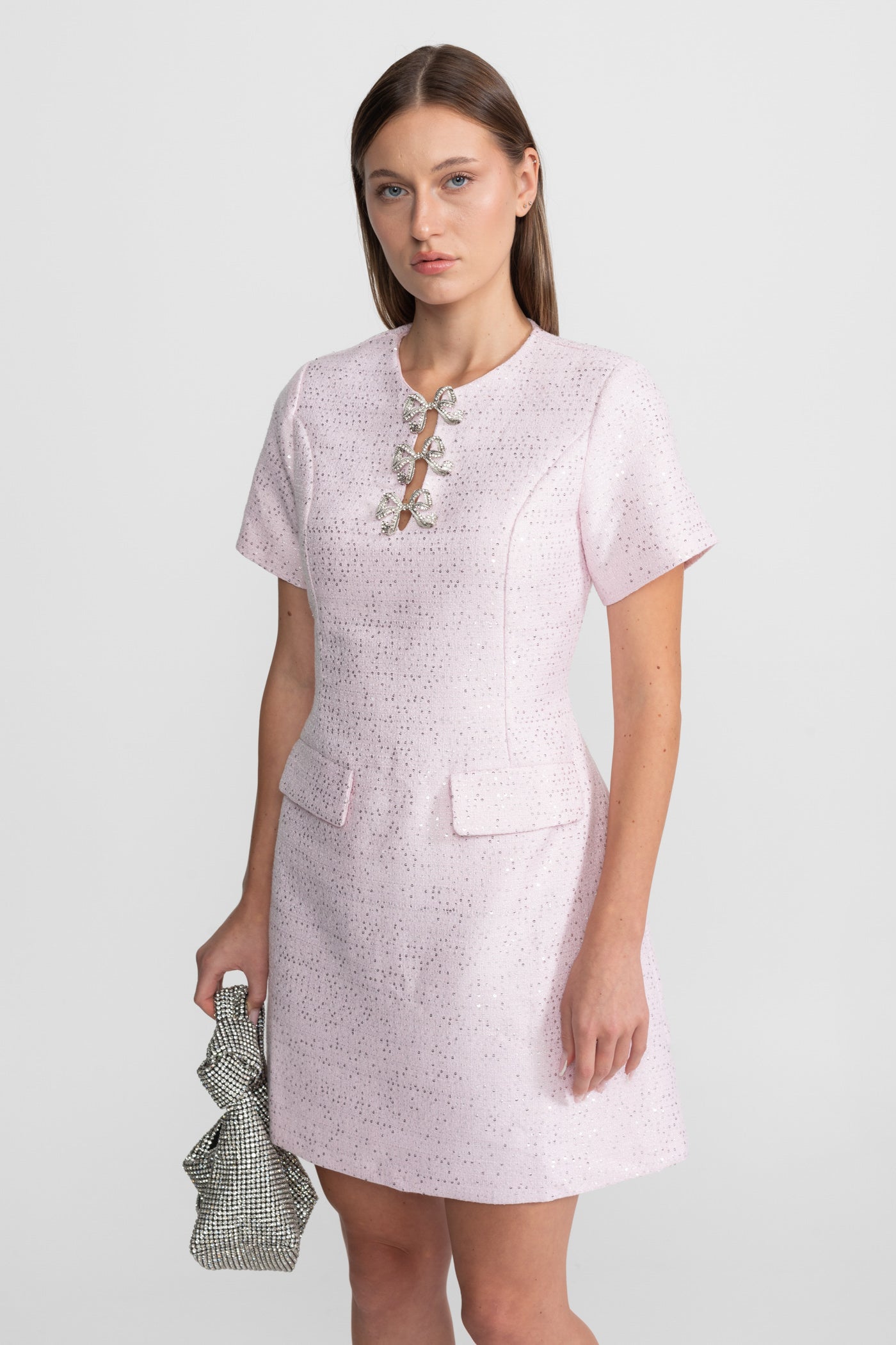 Sequin Mini Dress with Crystal Bow Accents - Pink