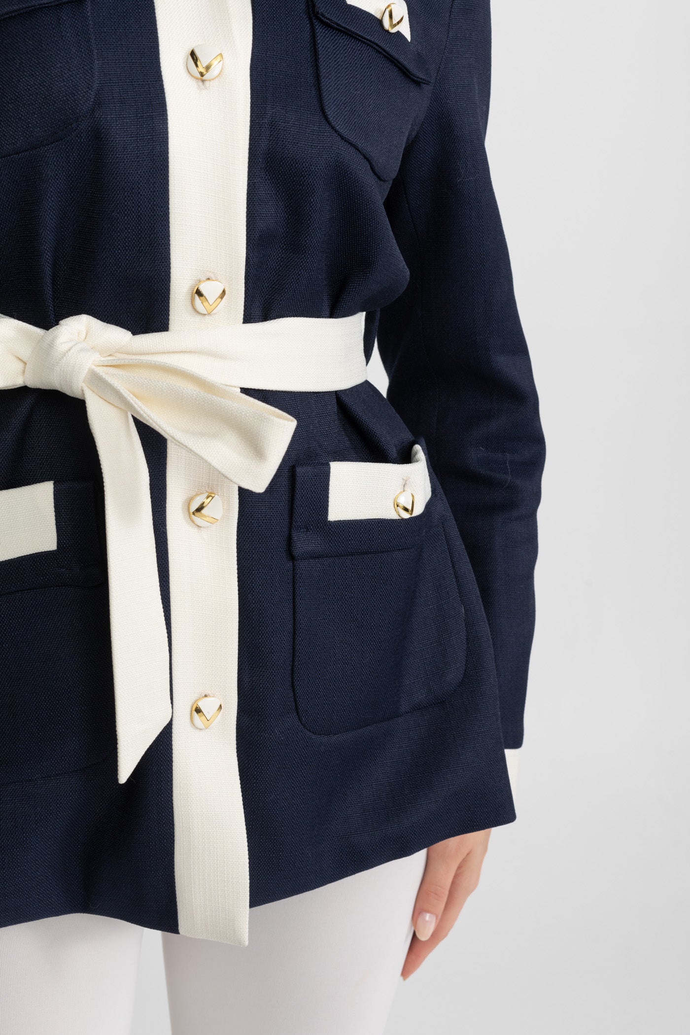 Two-Tone Tweed Jacket With Contrast Trim and Waist Belt – Navy