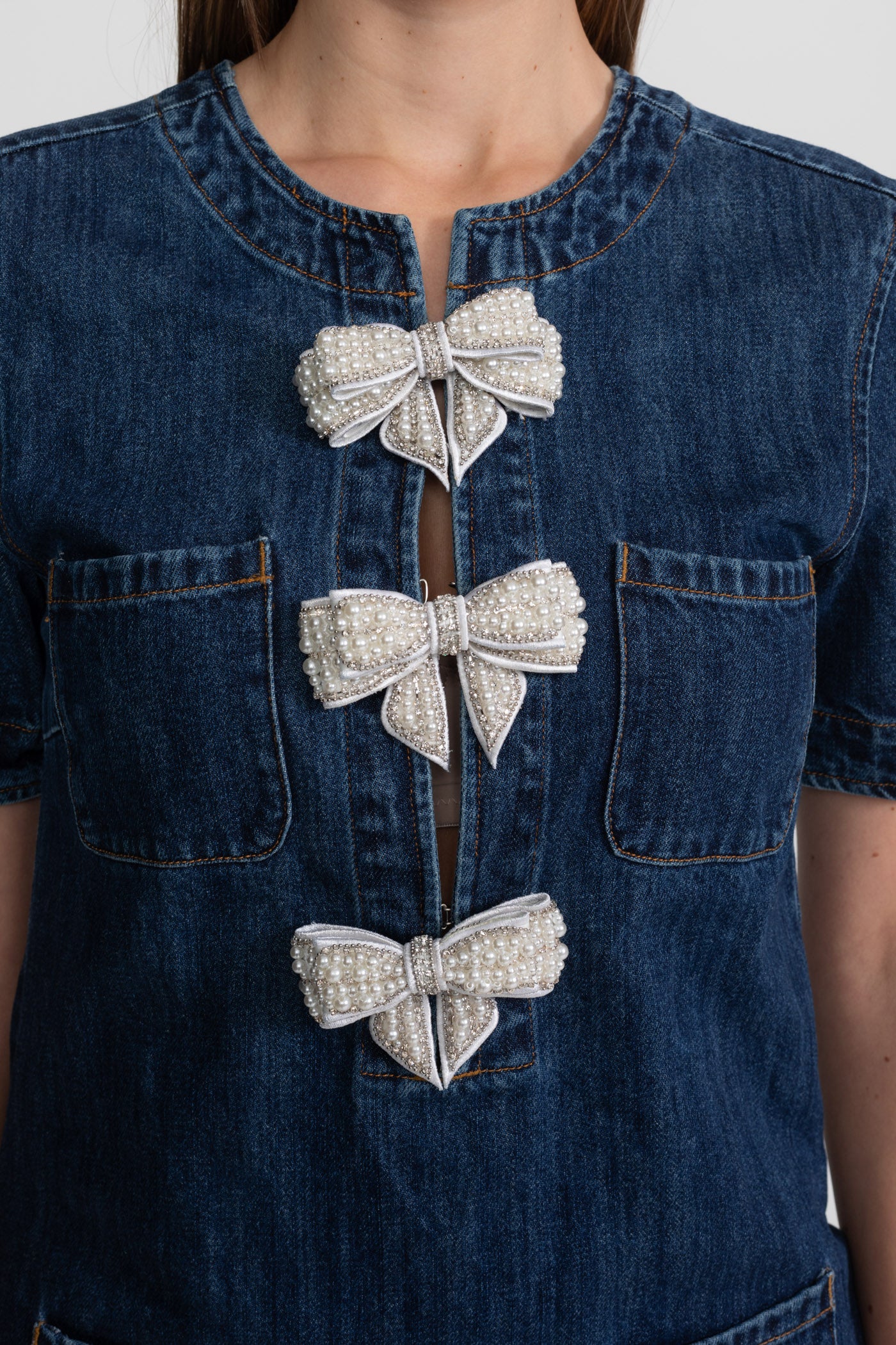 Embellished Denim Mini Dress With Sparkling Bows – Dark Blue