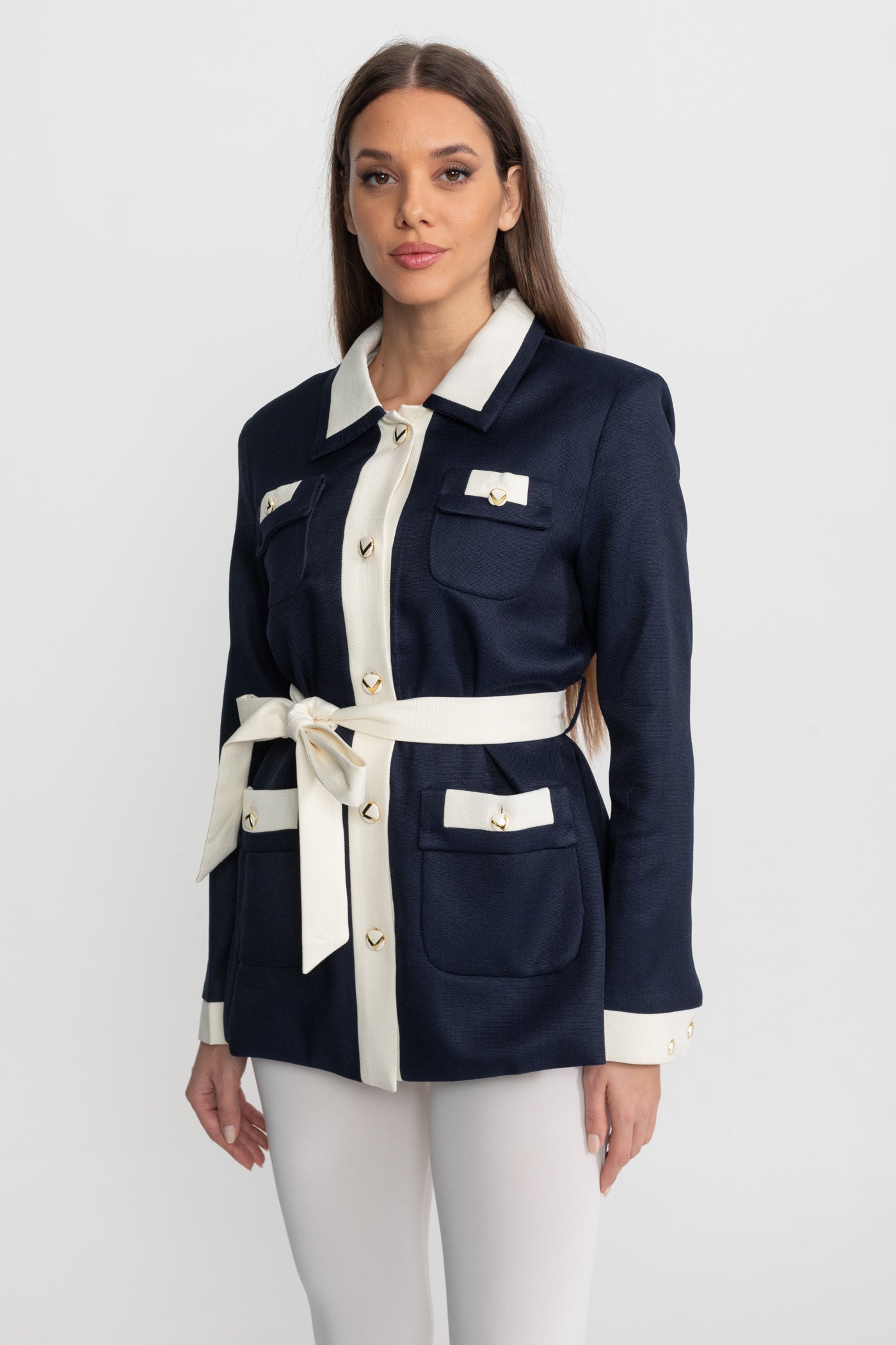 Two-Tone Tweed Jacket With Contrast Trim and Waist Belt – Navy