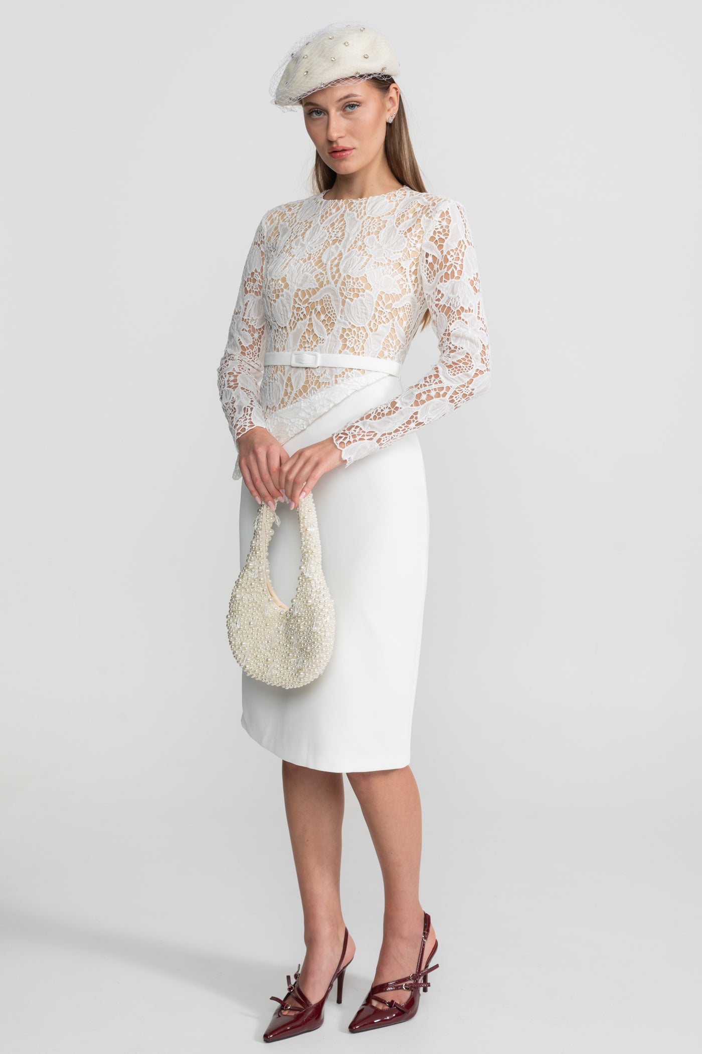 Elegant Midi Dress With Sheer Lace Bodice – White