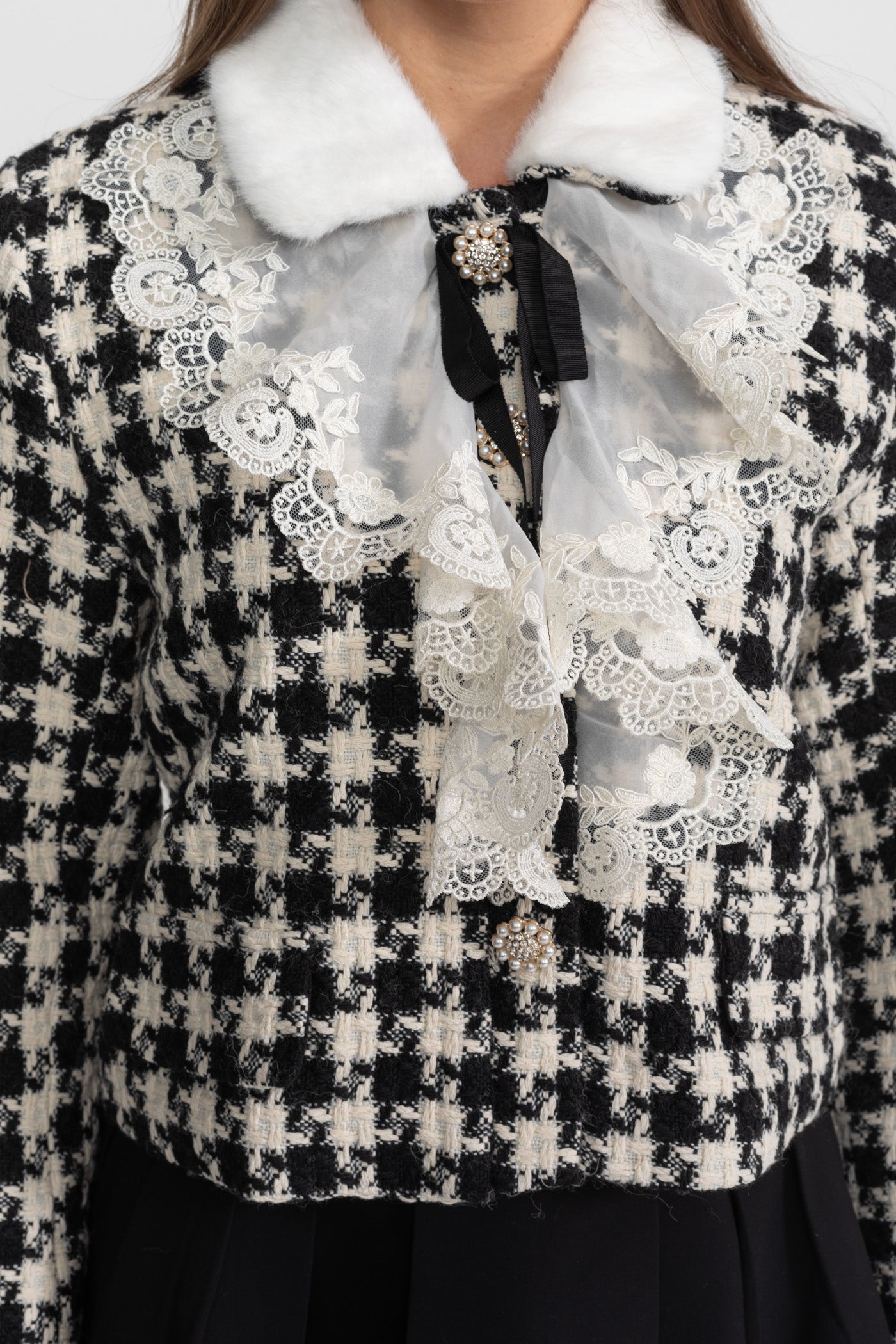 Tweed Cropped Jacket with Lace Ruffle and Mink Fur Collar – Black & White