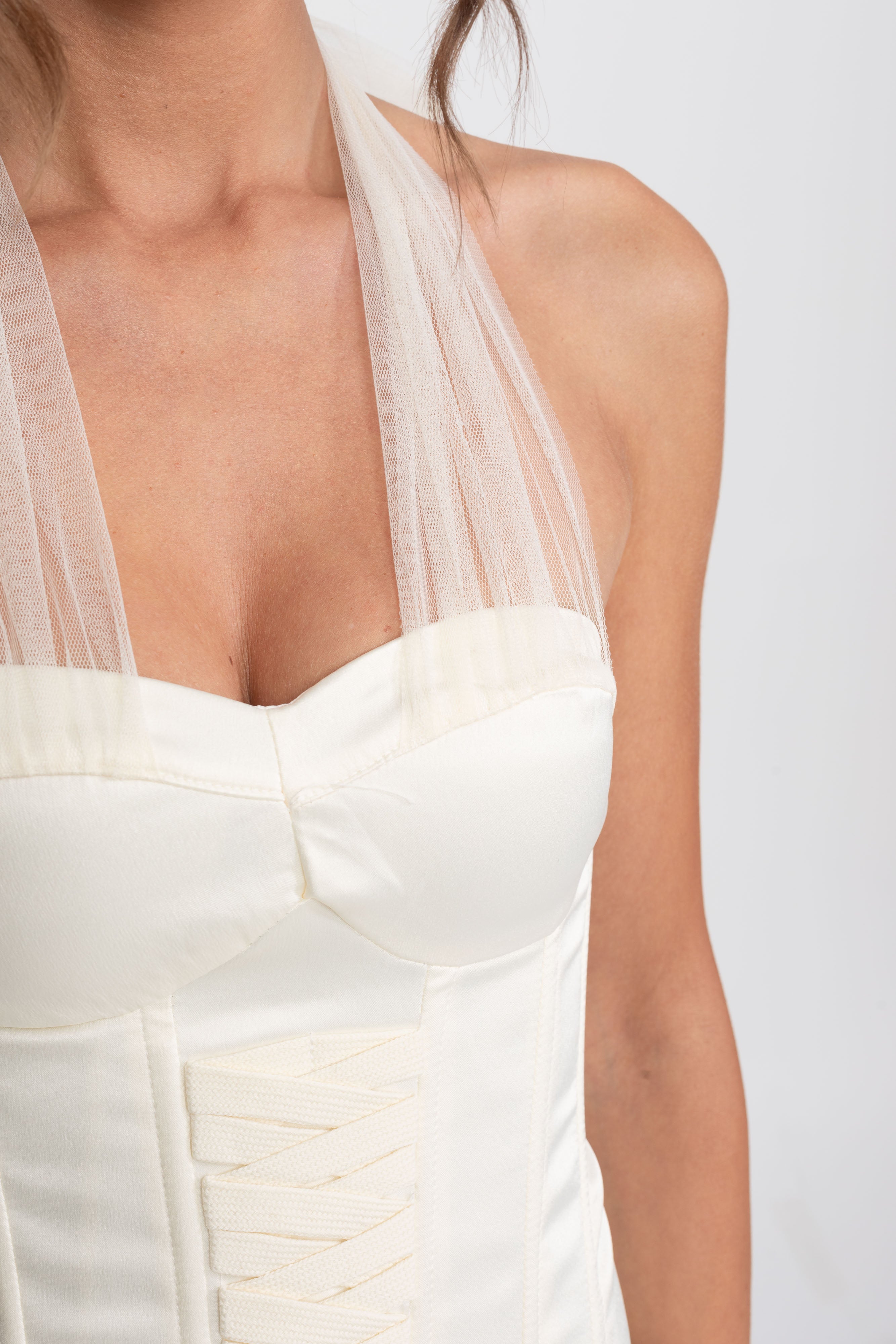 Corset Bubble Hem Mini Dress With Sheer Halter Tie - Ivoire