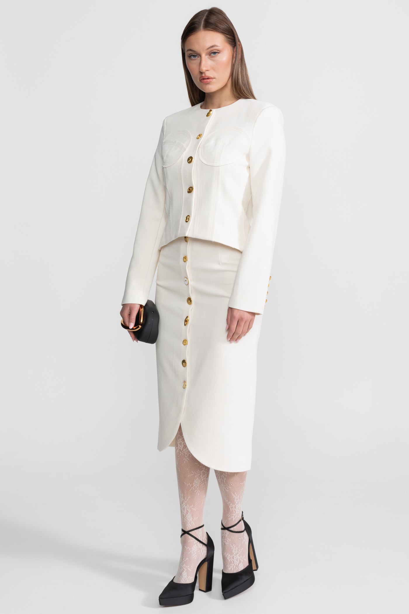 Co-ord Set with Statement Gold Buttons - White