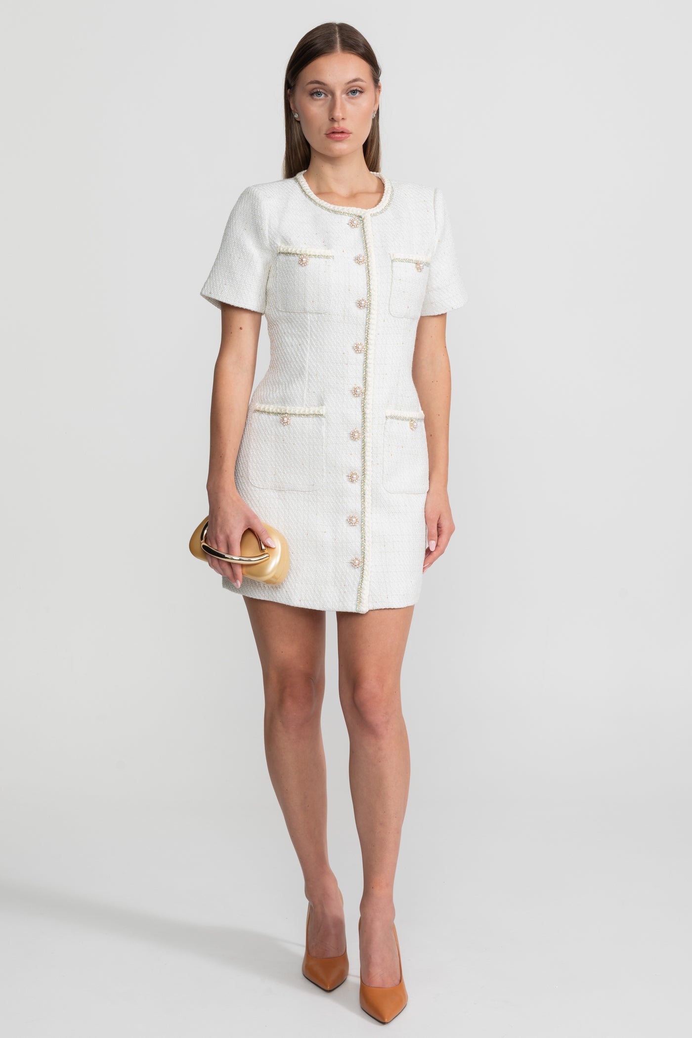 Tweed Mini Dress with Pearl Detailing – White
