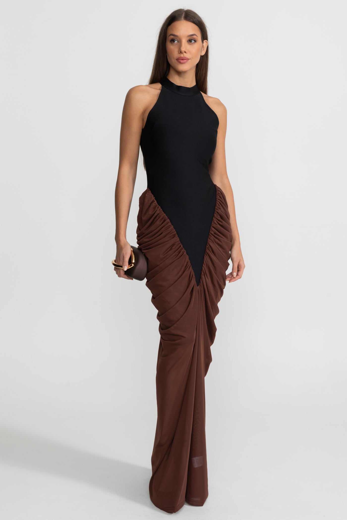 Halter Maxi Dress with  Contrasting Ruched Paneling - Black/Brown