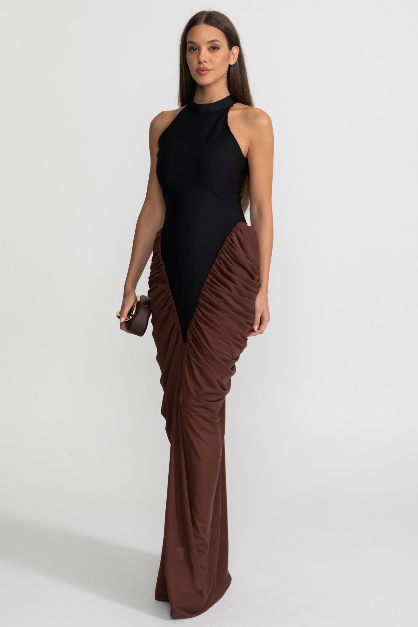 Halter Maxi Dress with  Contrasting Ruched Paneling - Black/Brown