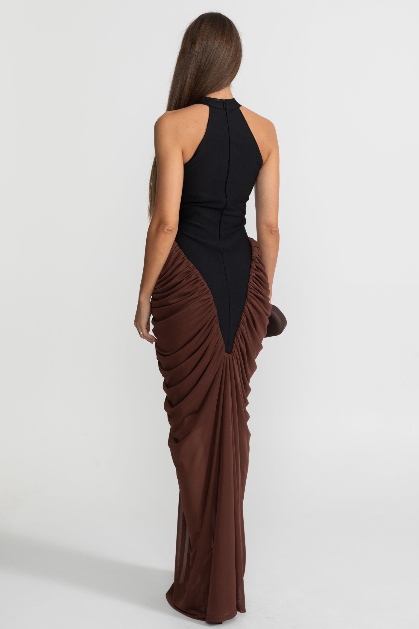 Halter Maxi Dress with  Contrasting Ruched Paneling - Black/Brown