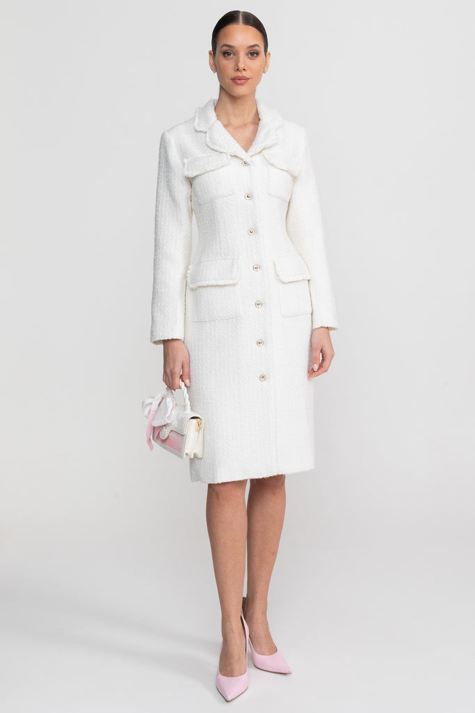 Bouclé Coat With Notched Collar And Button-Through Front - White