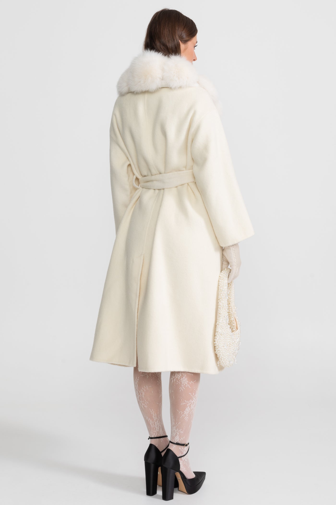 Wool Wrap Coat with Fox Fur Collar And Tie Belt – Ivoire