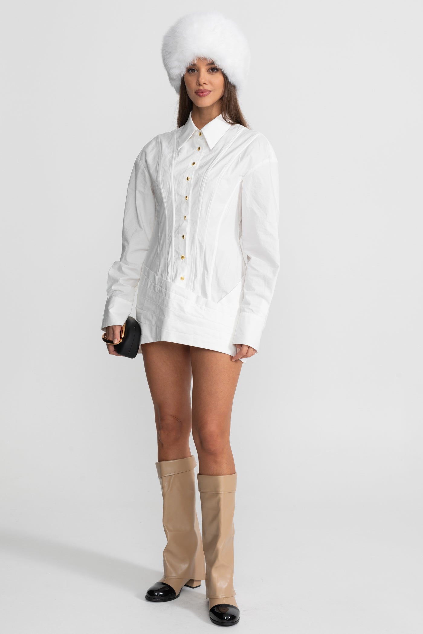Structured Mini Dress With Gold Button Detailing – White