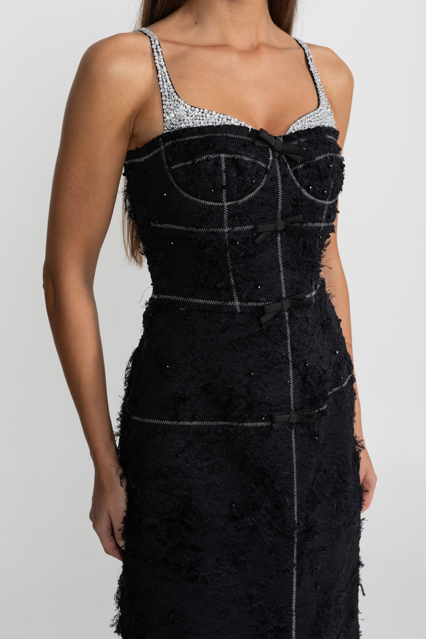 Textured Tweed Midi Dress With Contrast Straps and Bow Detailing – Black