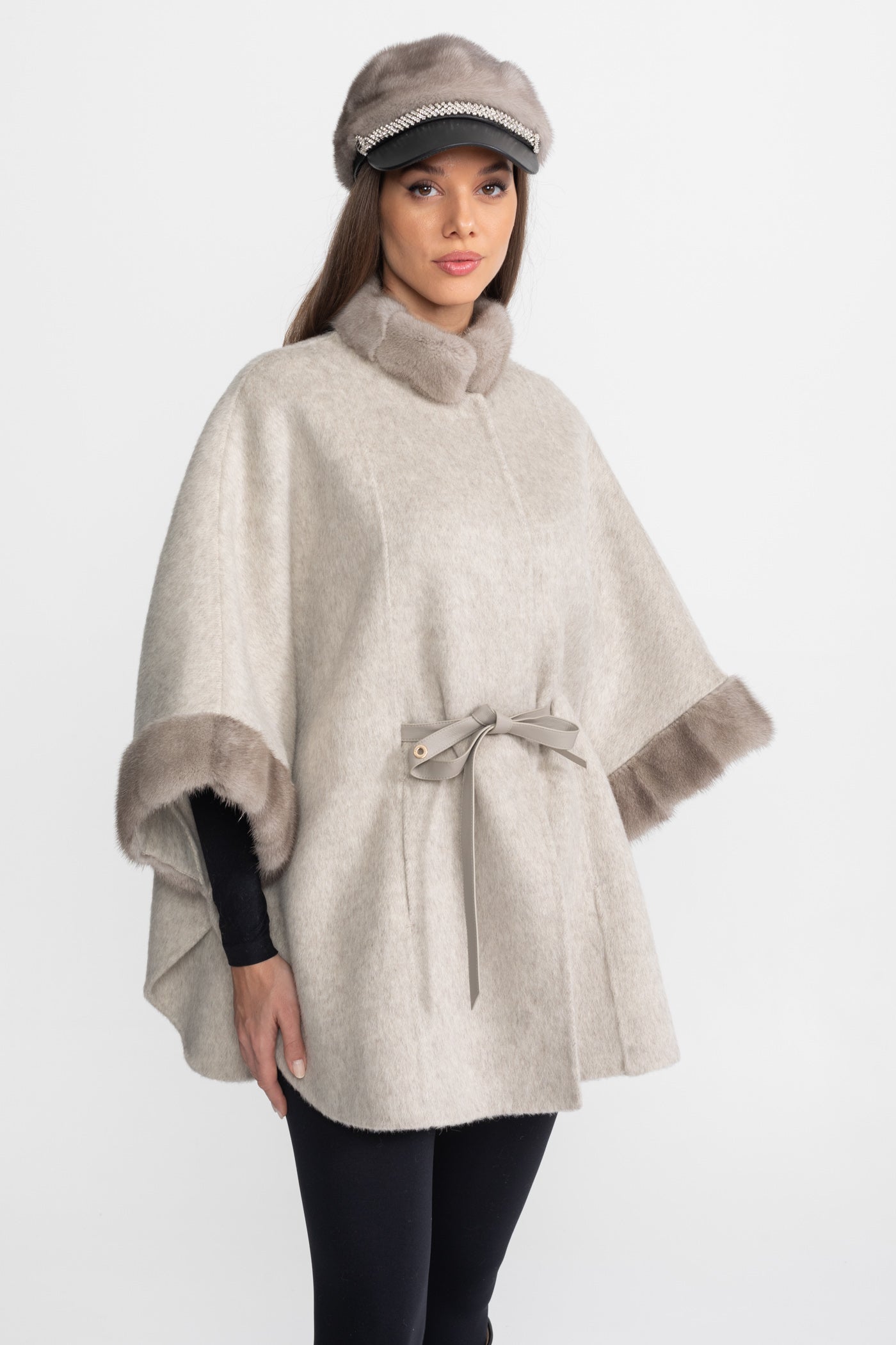 Wool Blend Cape Coat with Sable Fur Trim – Light Grey