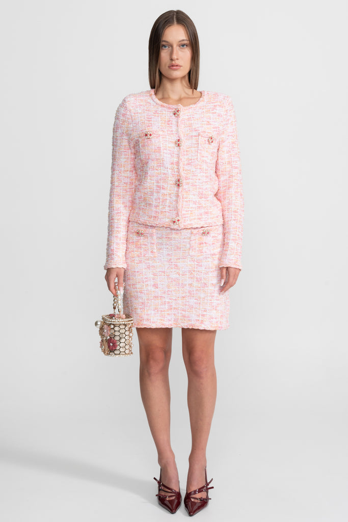 Tweed Co-Ord Set With Embellished Buttons – Blush Pink