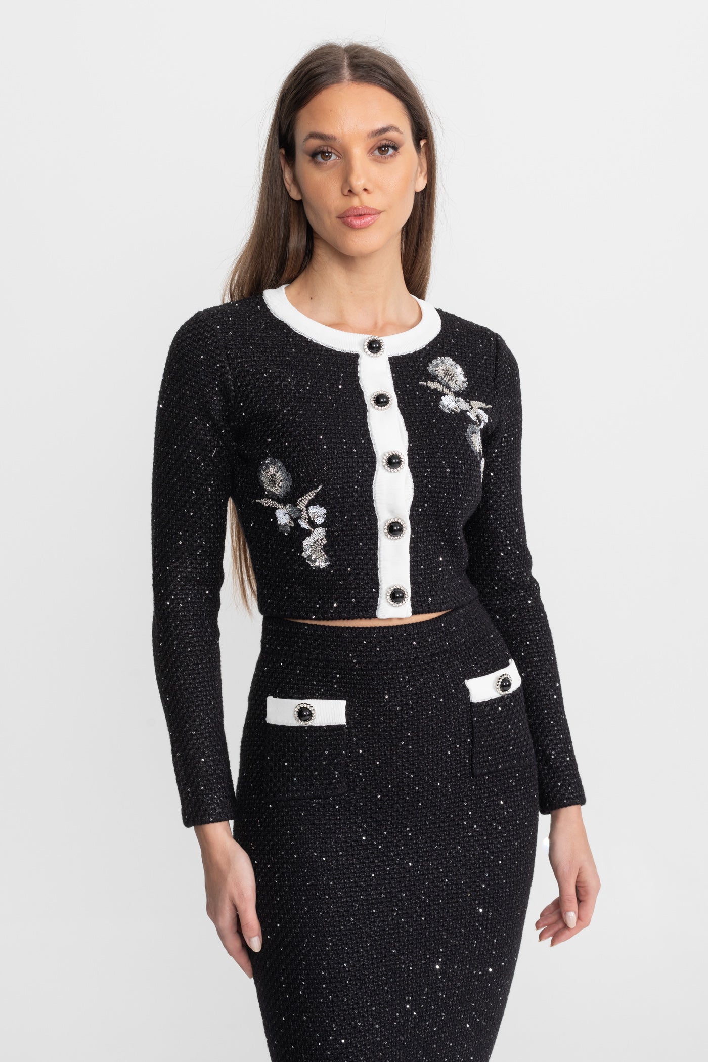 Embroidered Tweed Knit Co-Ord Set with Contrast Trim – Black