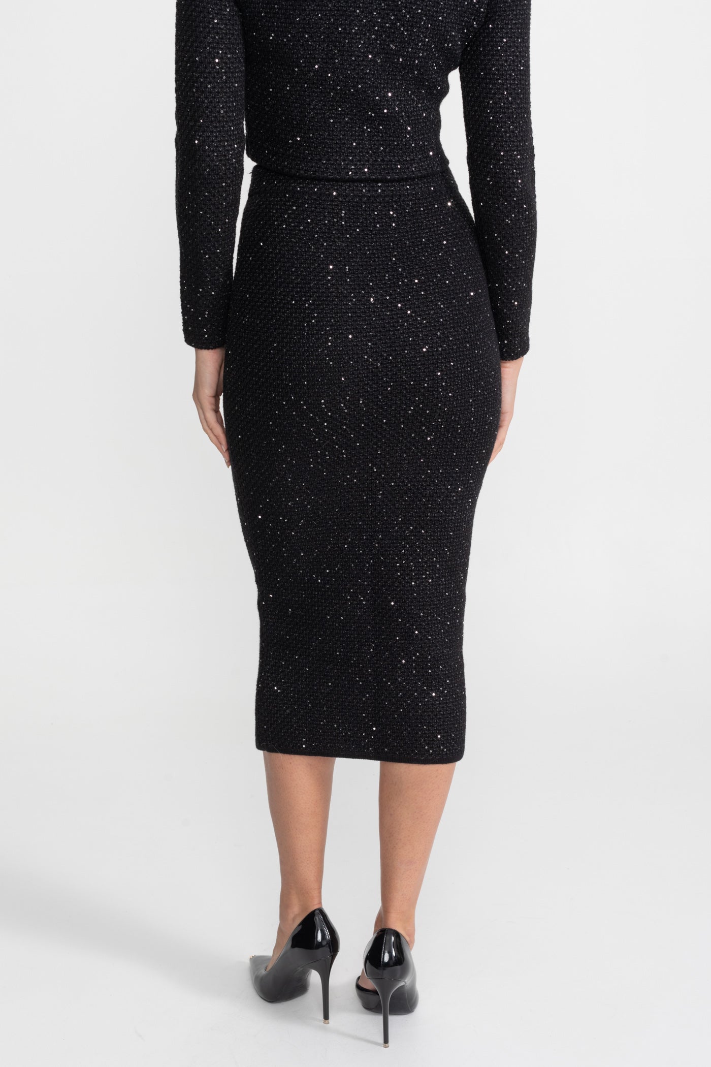 Embroidered Tweed Knit Co-Ord Set with Contrast Trim – Black