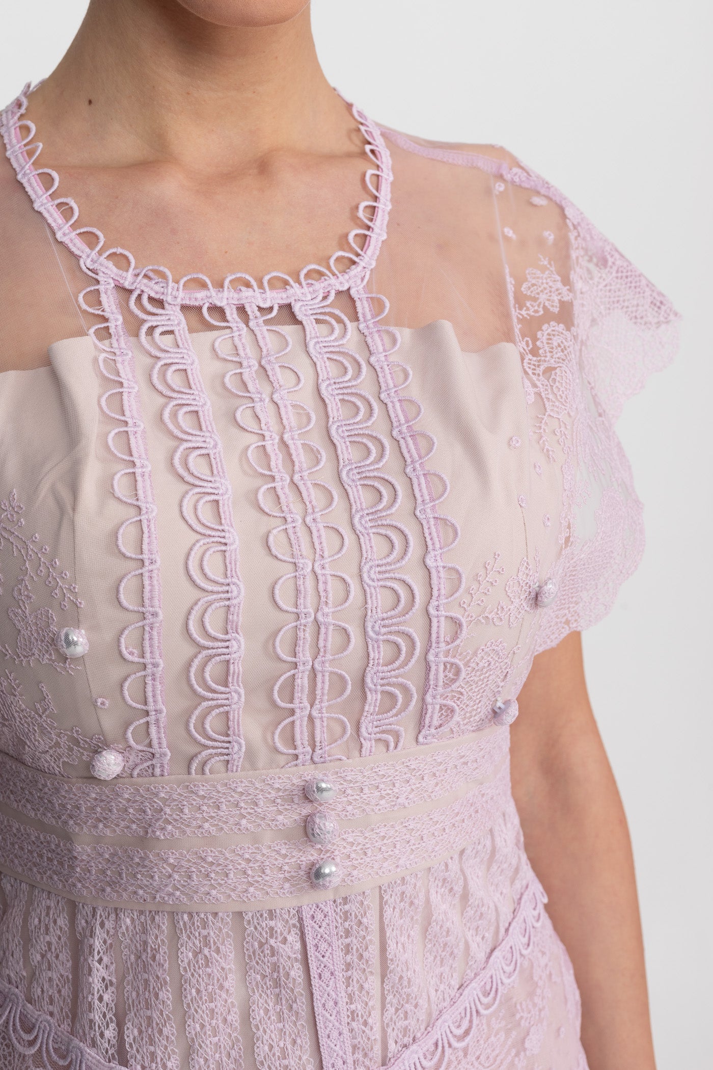 Lace Cap Sleeve Midi Dress With Scalloped Trims And Pearl Button Detail - Lilac