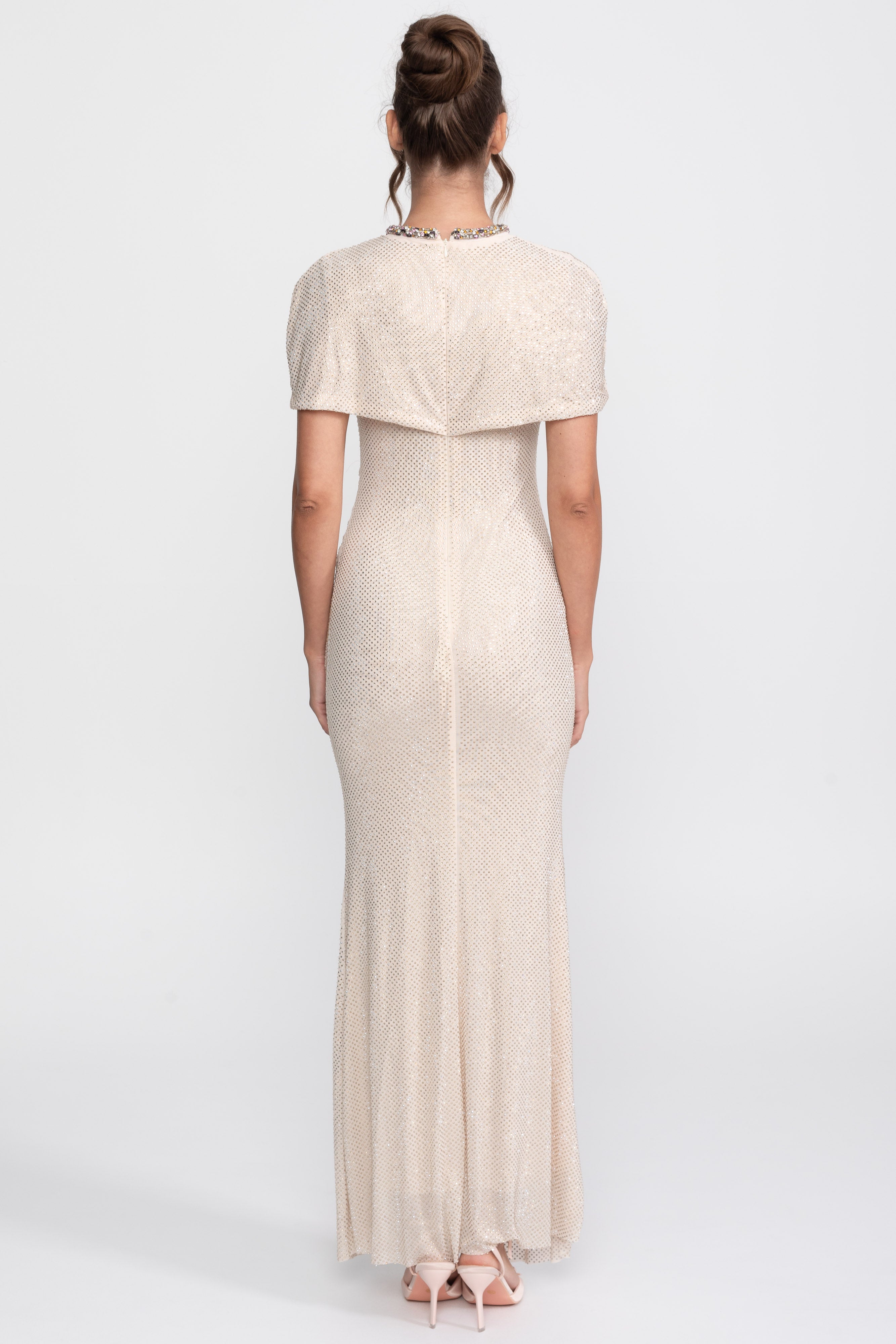 Crystal Trim Sequin Column Gown With Cross-Wrap Sleeve - Champagne