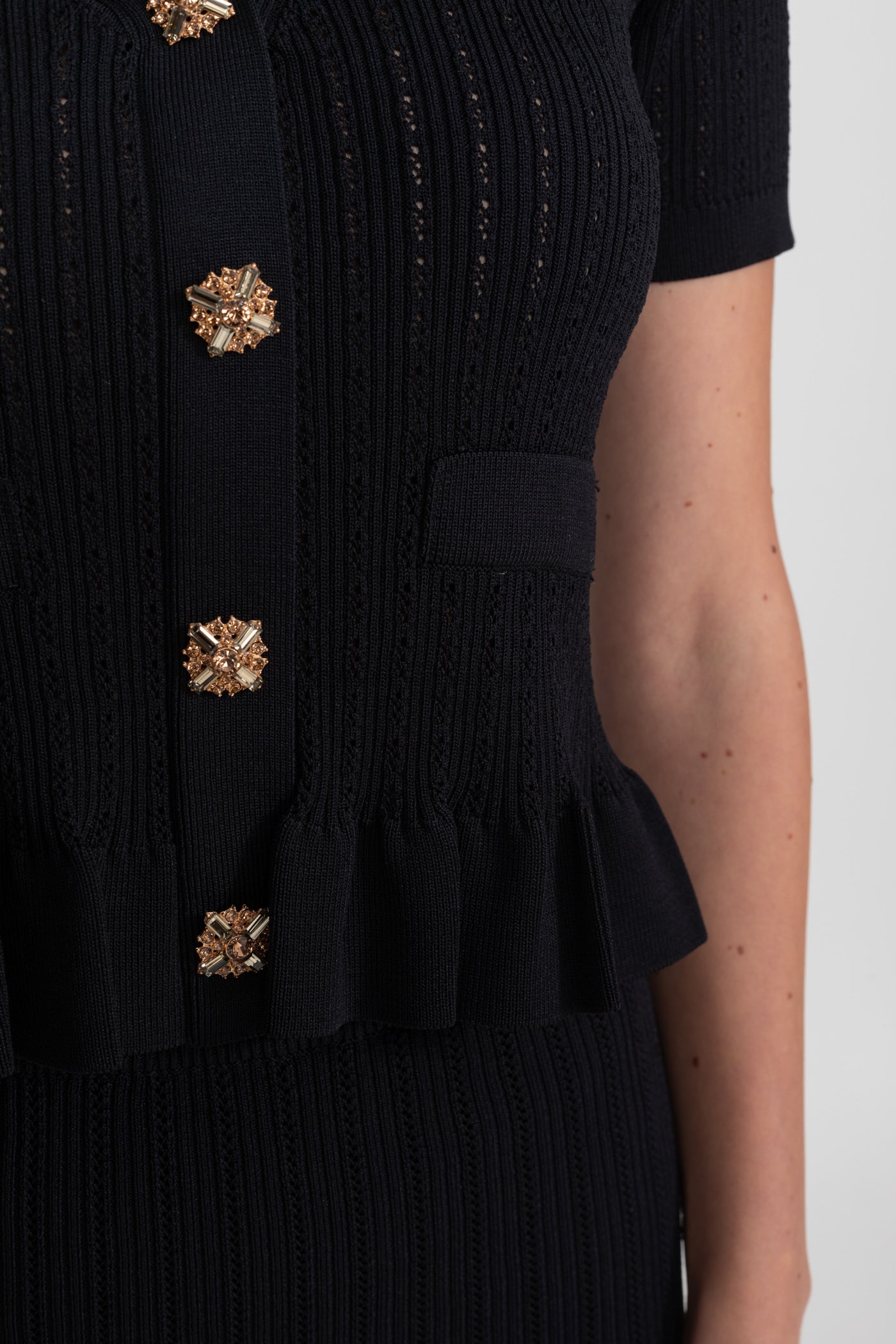 Knit Midi Co-Ord with Peplum Waist and Gold Buttons  – Black