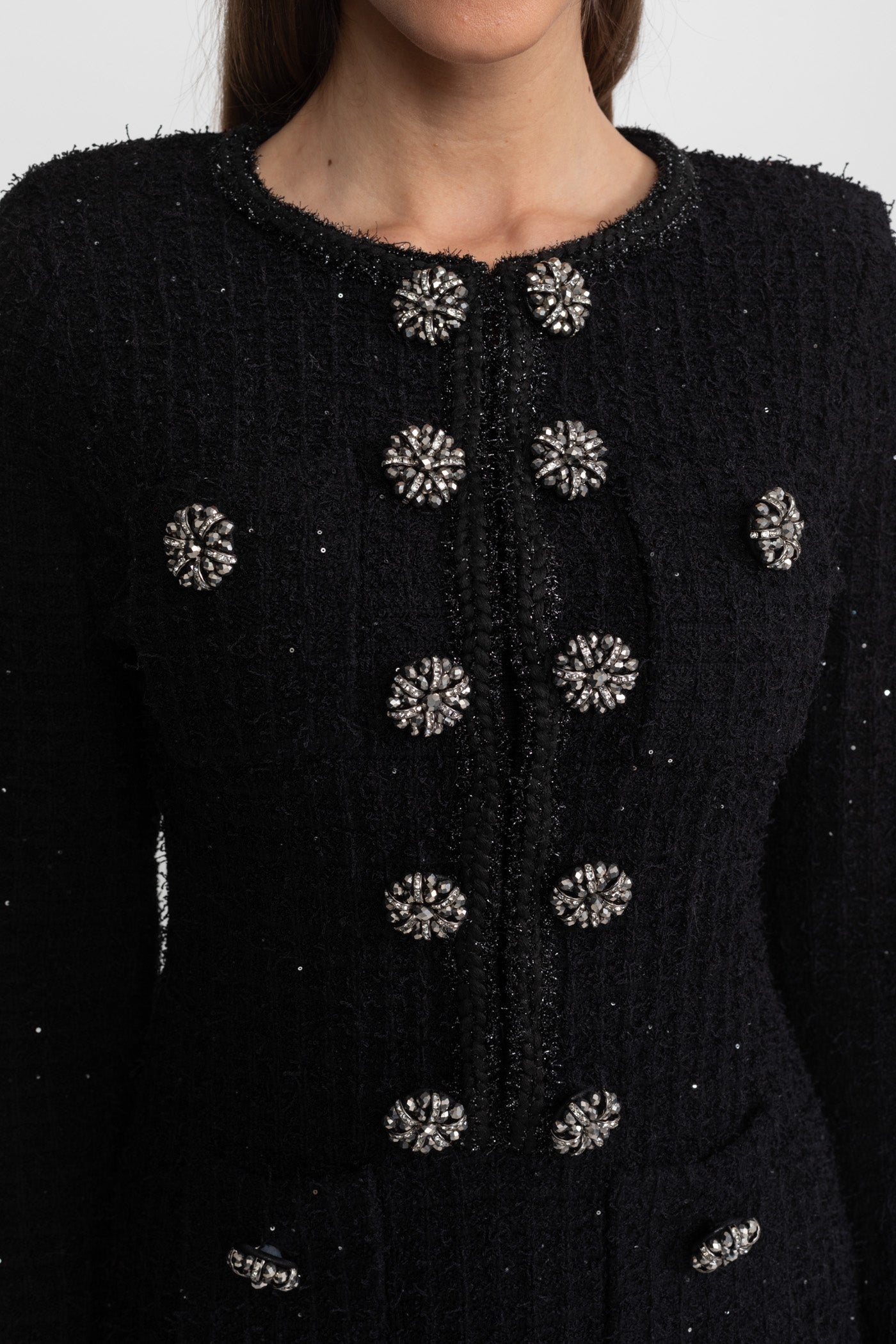 Textured Tweed Midi Dress with Crystal Button Detail – Black