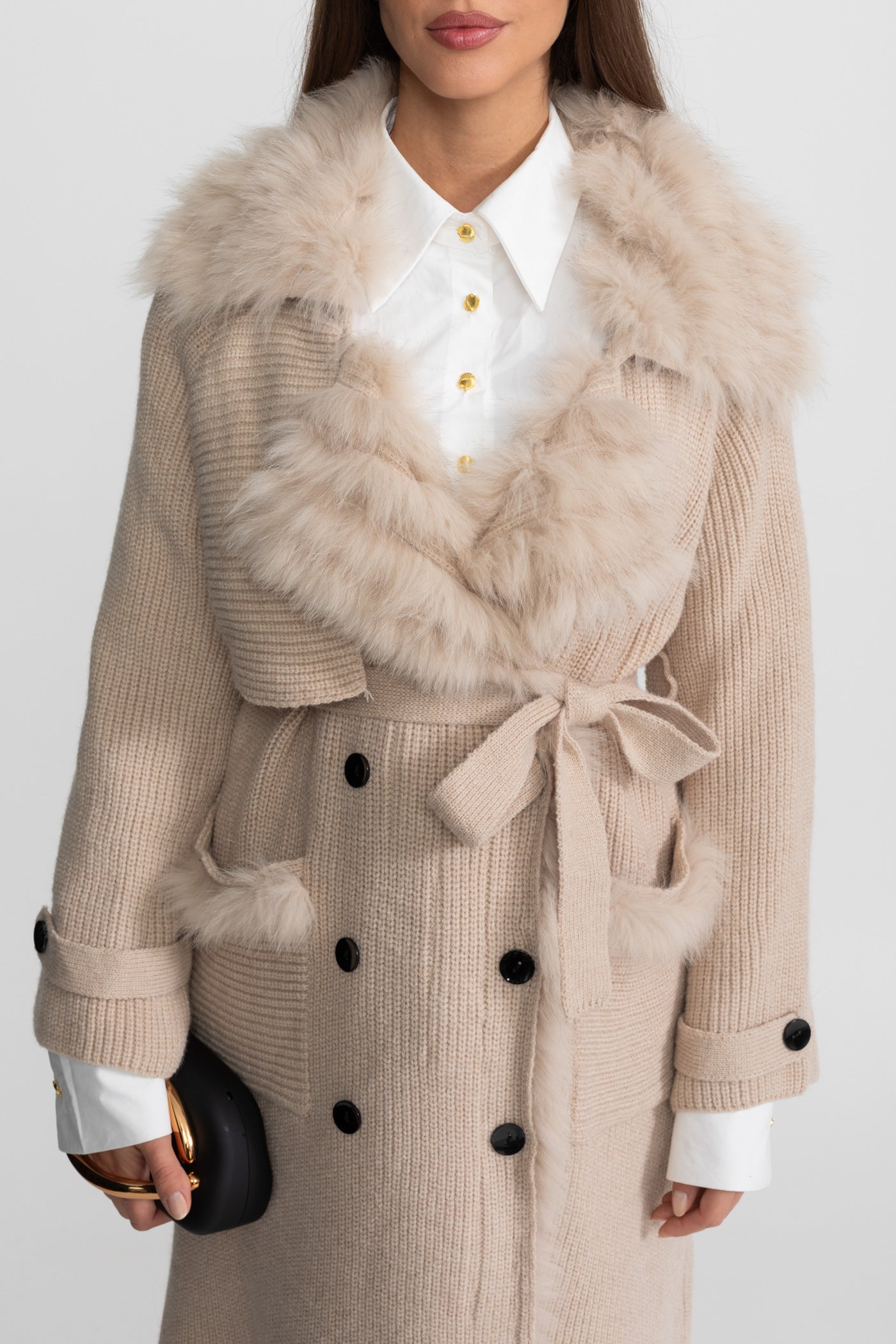 Double-Breasted Wool Knit Overcoat With Fur Trim – Beige