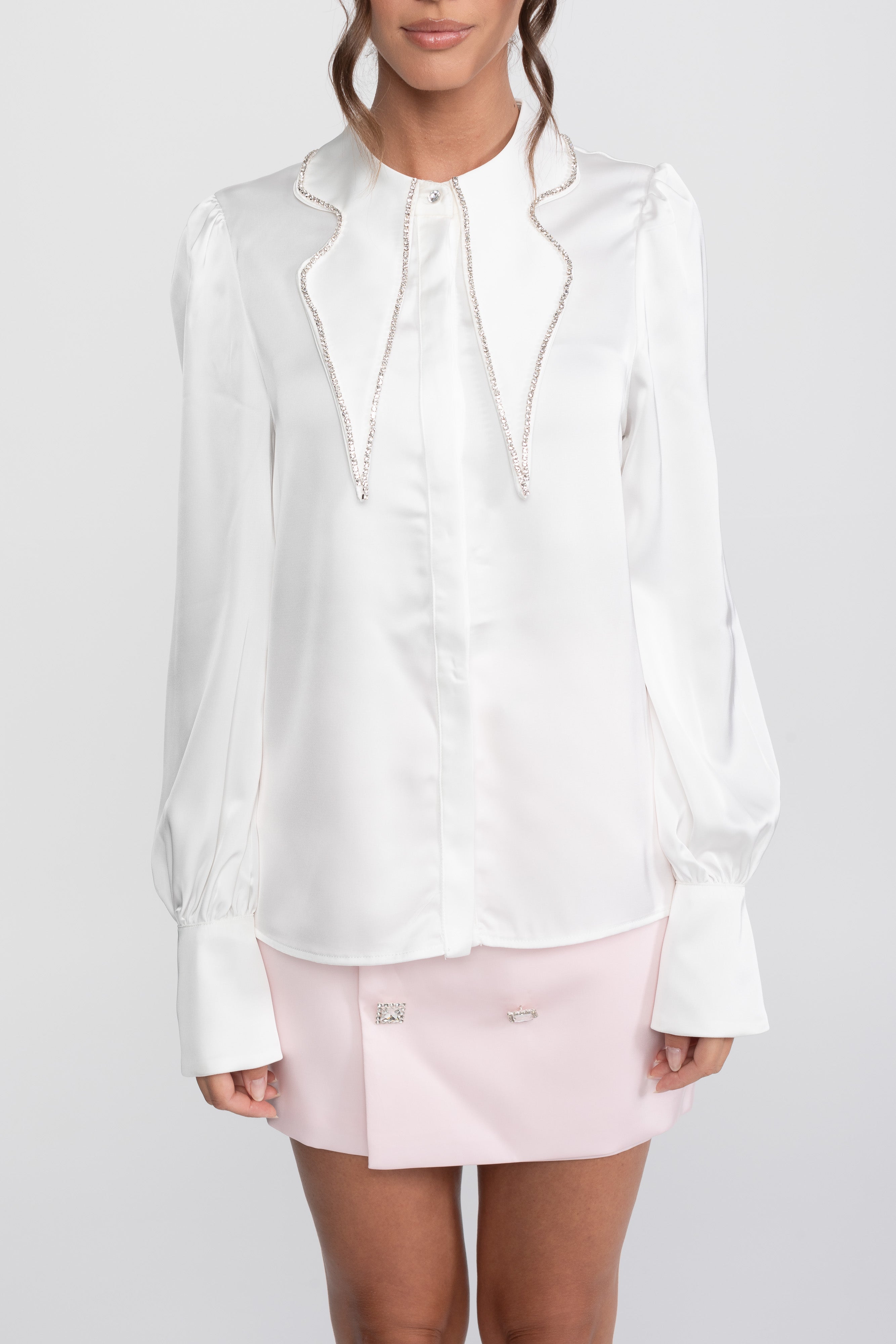 Crystal Collar Shirt And Contrasting Skirt Co-Ord Set- White / Pink