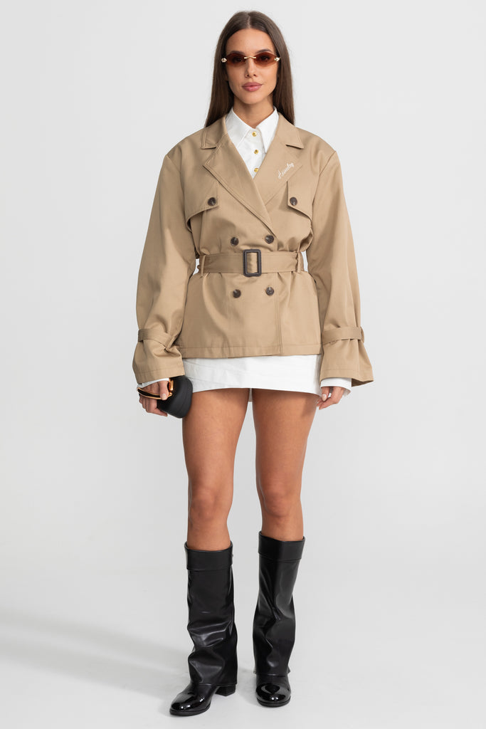 Cropped Double-Breasted Trench Jacket With Belted Waist – Camel