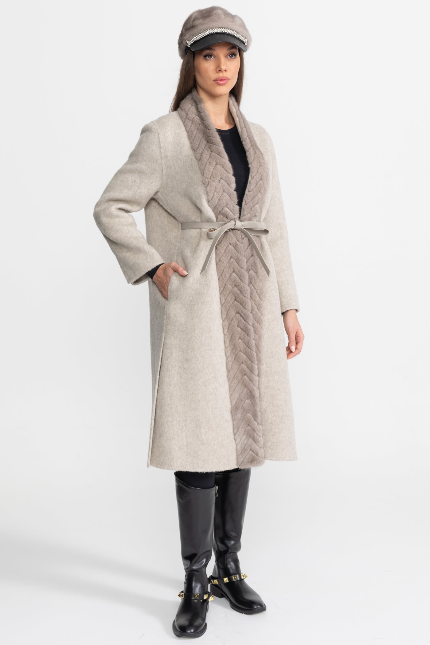 Wool Blend Belted Coat with Textured Sable Fur Panel – Beige