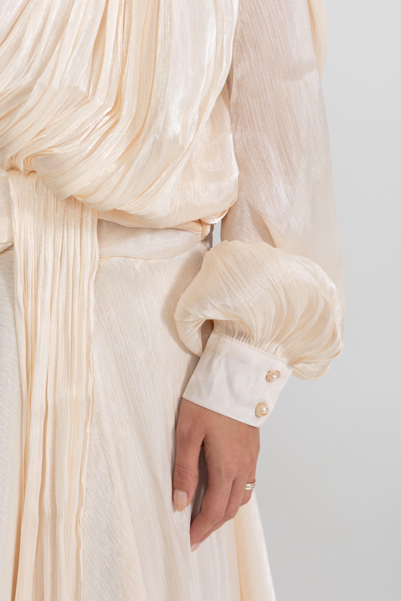 Maxi Dress with Pleated Bodice and Draped Skirt - Ivoire