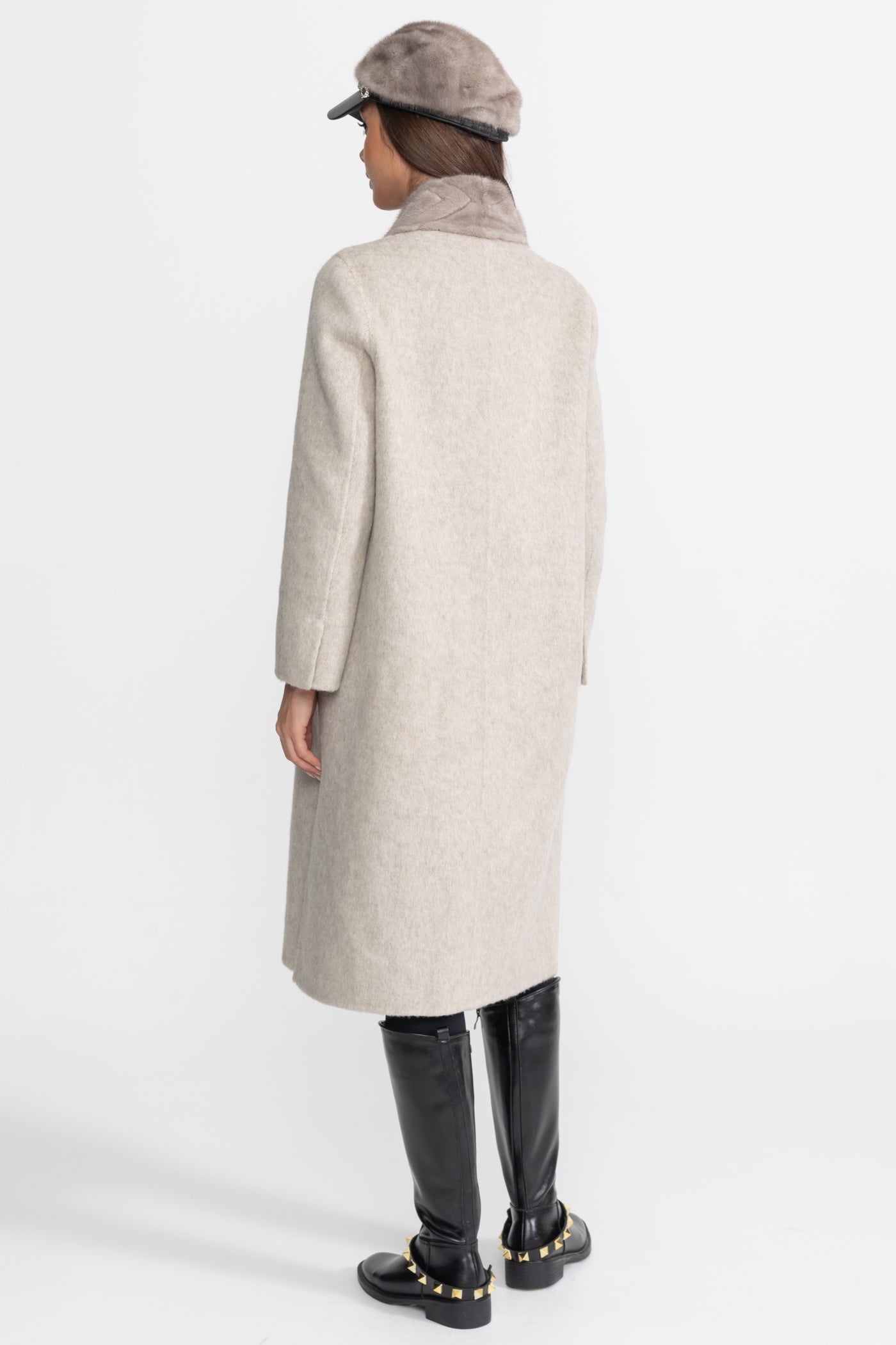 Wool Blend Belted Coat with Textured Sable Fur Panel – Beige