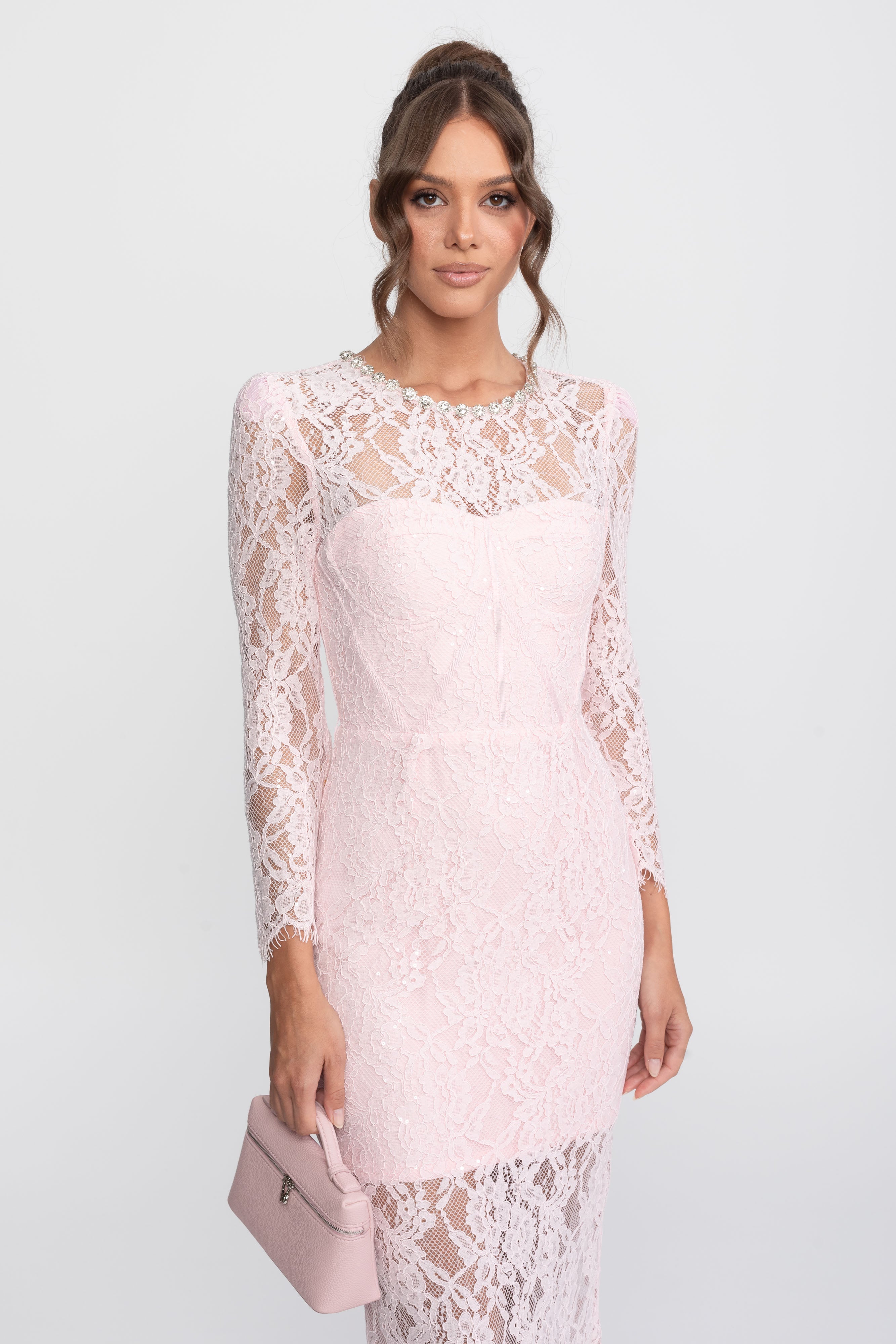 Lace Trim Midi Dress With Crystal Neckline - Pink