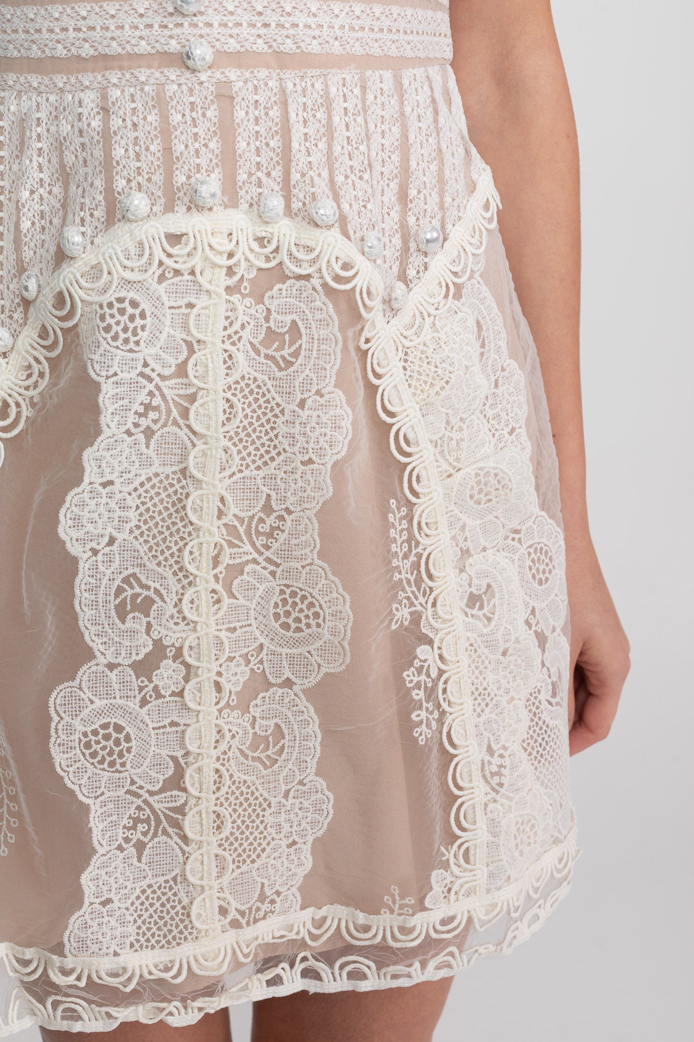 Cap Sleeve Mini Dress With Sheer Yoke And Pearl Button Detail - Ivoire