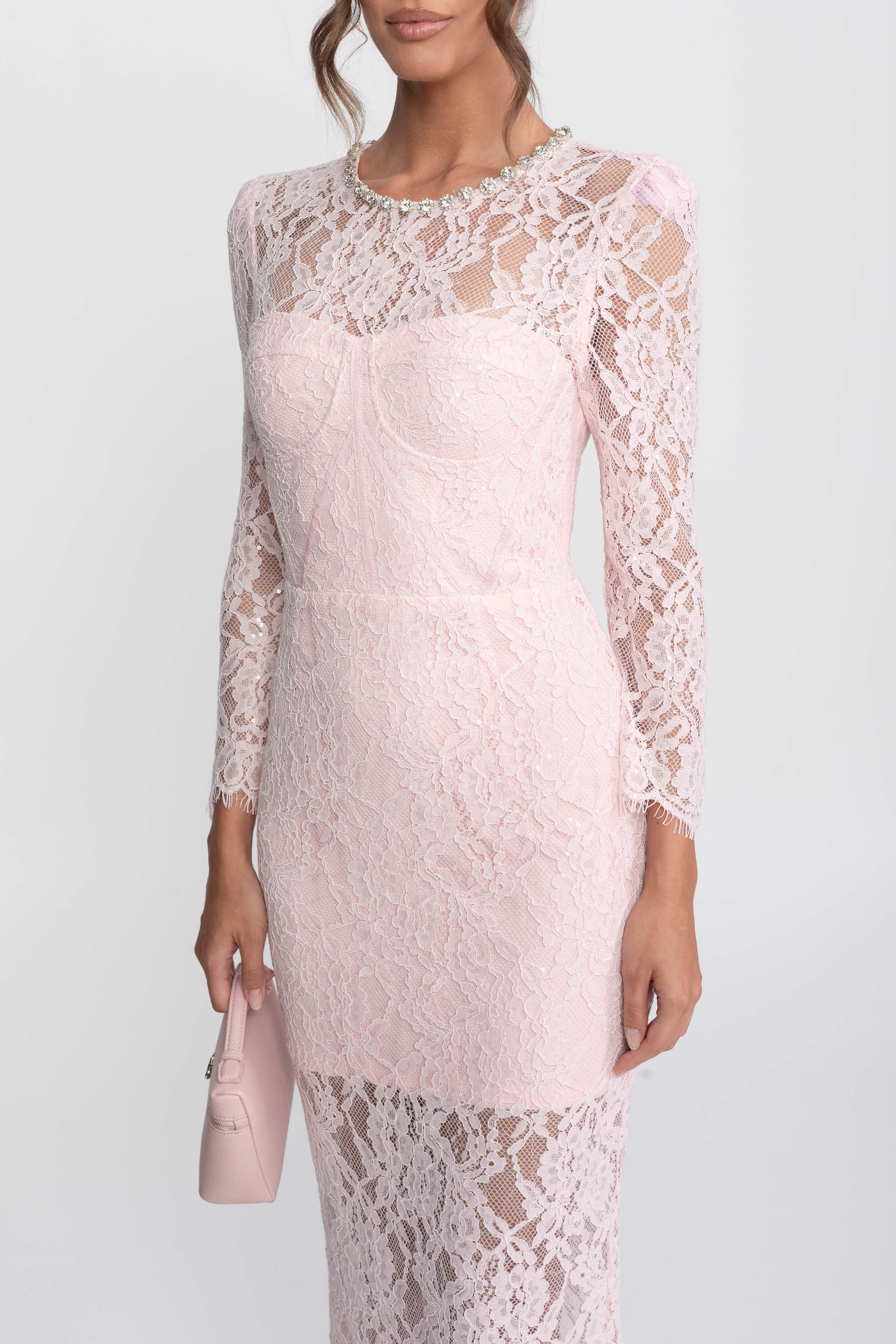 Lace Trim Midi Dress With Crystal Neckline - Pink