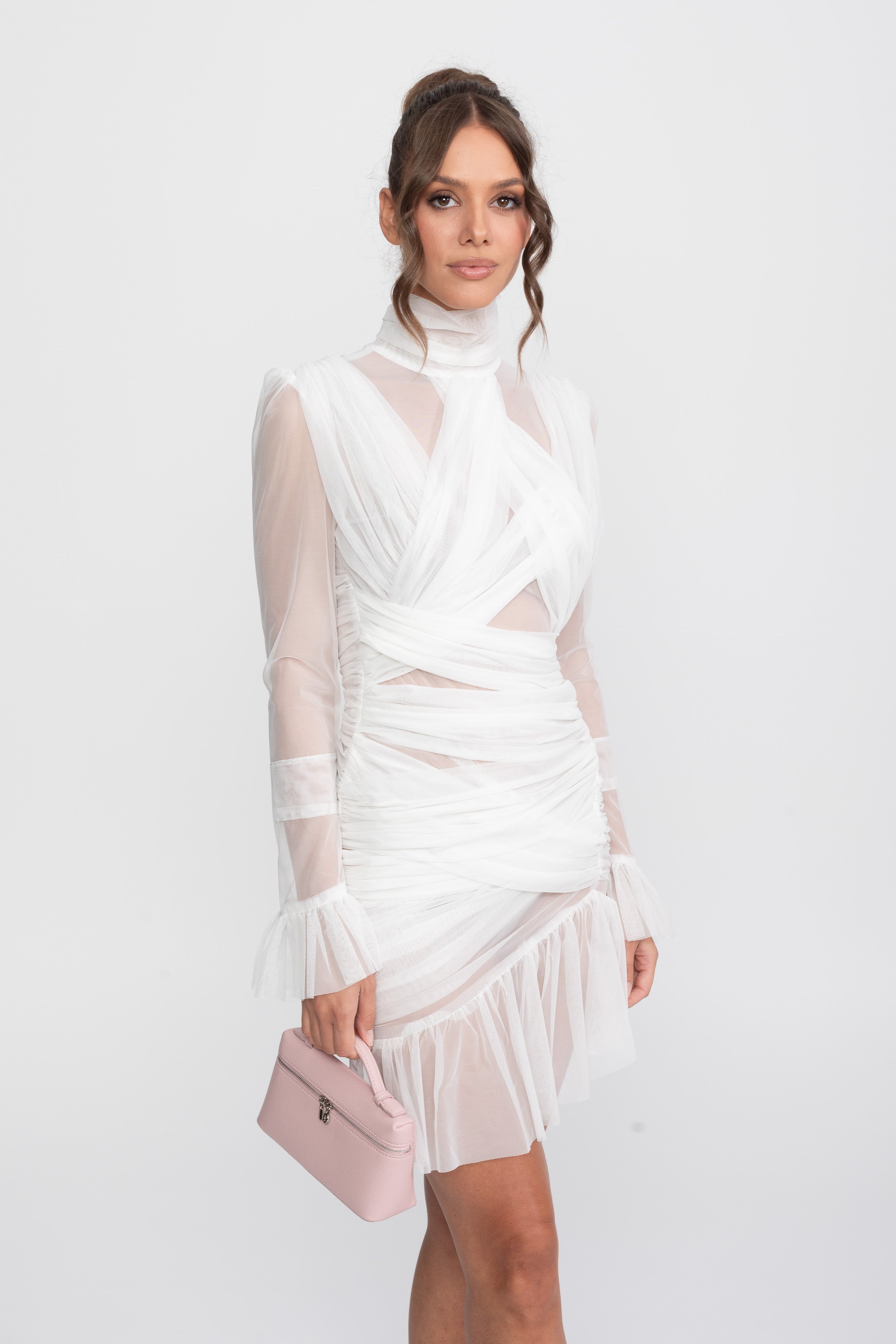 Cross-Wrap Ruffle Mesh Mini Dress With Long Sleeves - White