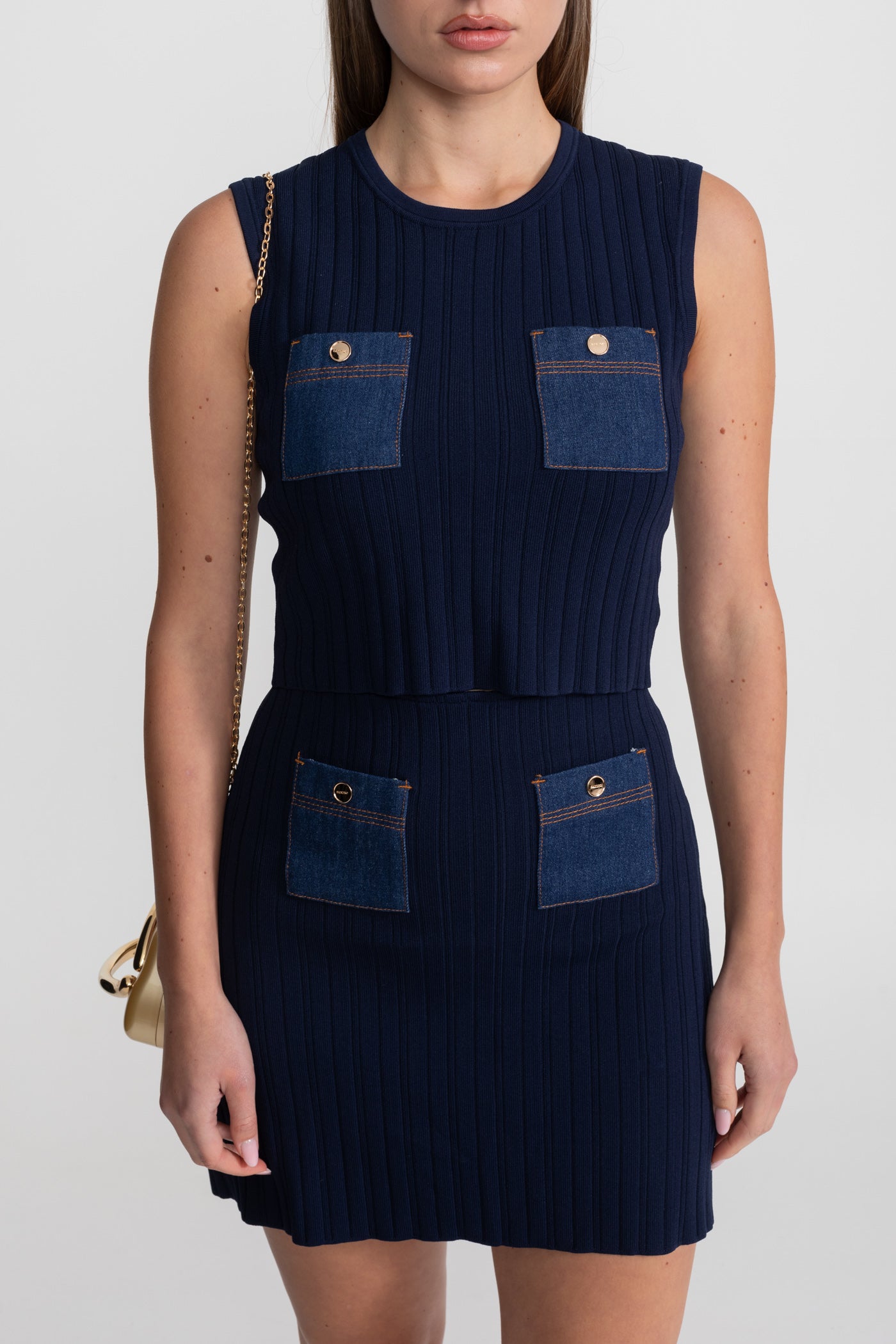 Ribbed Knit Co-ord Set with Contrast Denim Pockets - Dark Blue