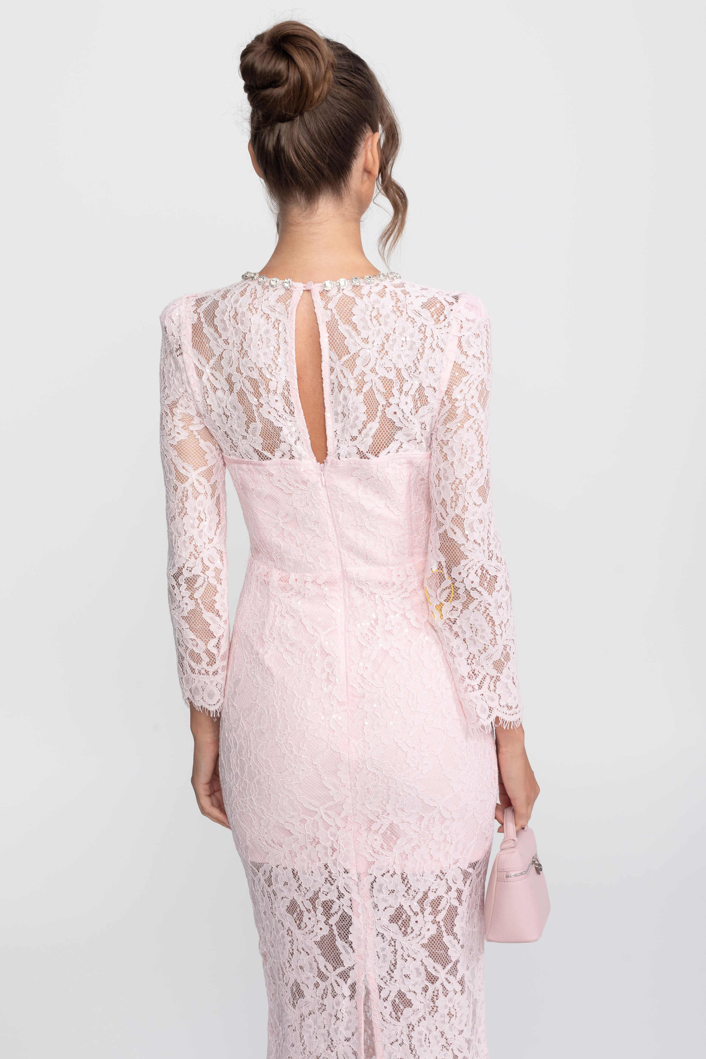 Lace Trim Midi Dress With Crystal Neckline - Pink