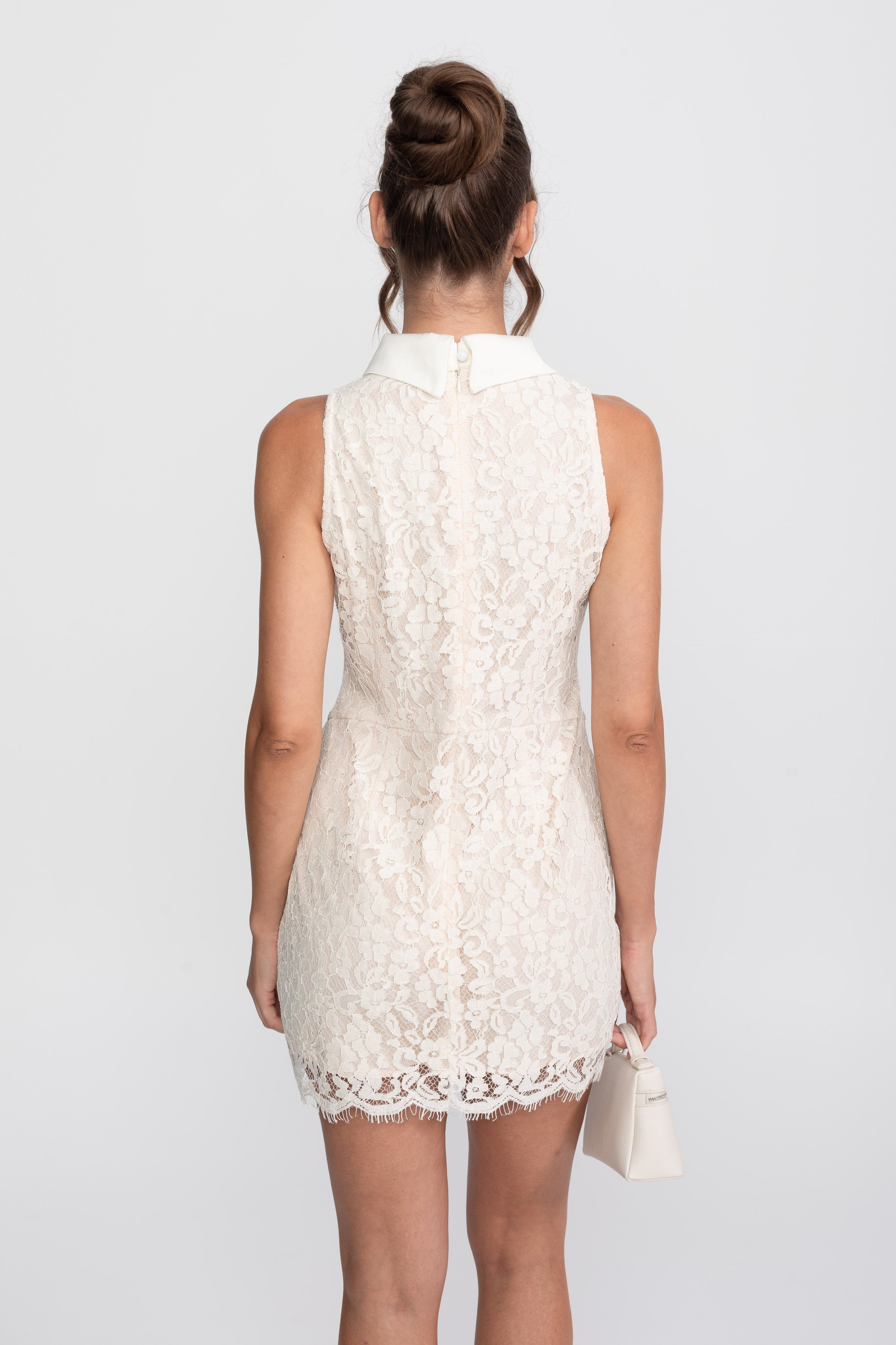 Lace Corset Collared Mini Dress With Buttoned Front - Ivoire
