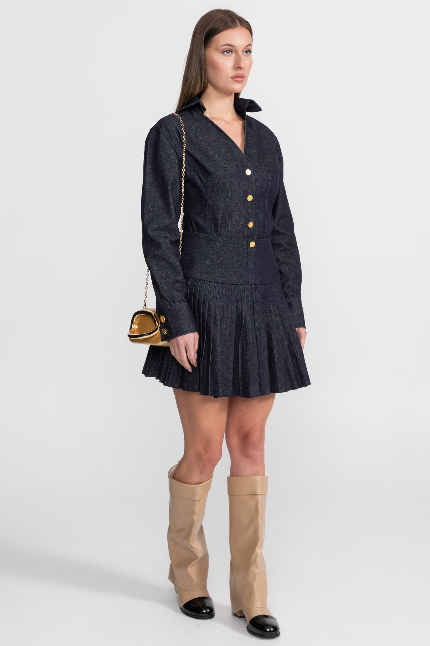 Denim Co-ord Set with Pleated Skirt and Gold Buttons - Dark Blue