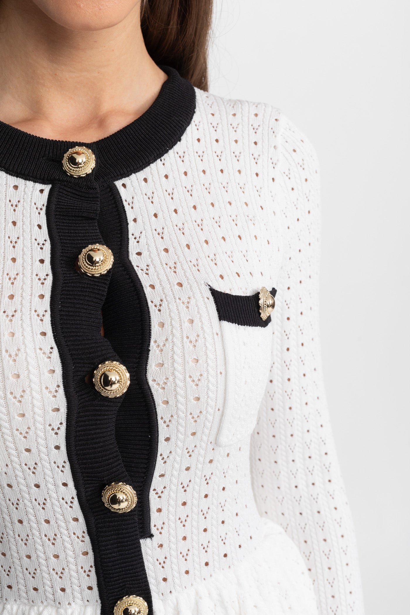 Pointelle Knit Midi Co-Ord with Contrast Trim – White