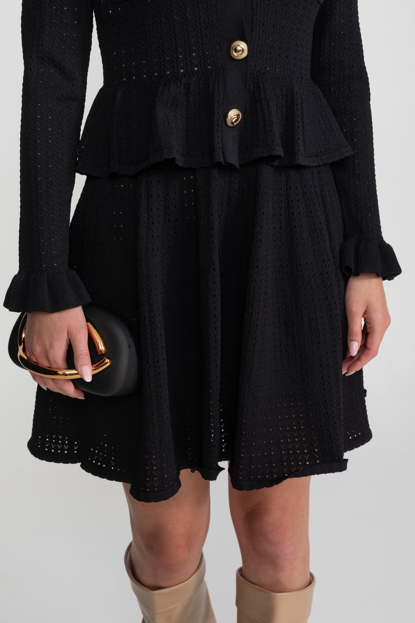 Knit Mini Dress with Peplum Waist and Gold Button Detail - Black