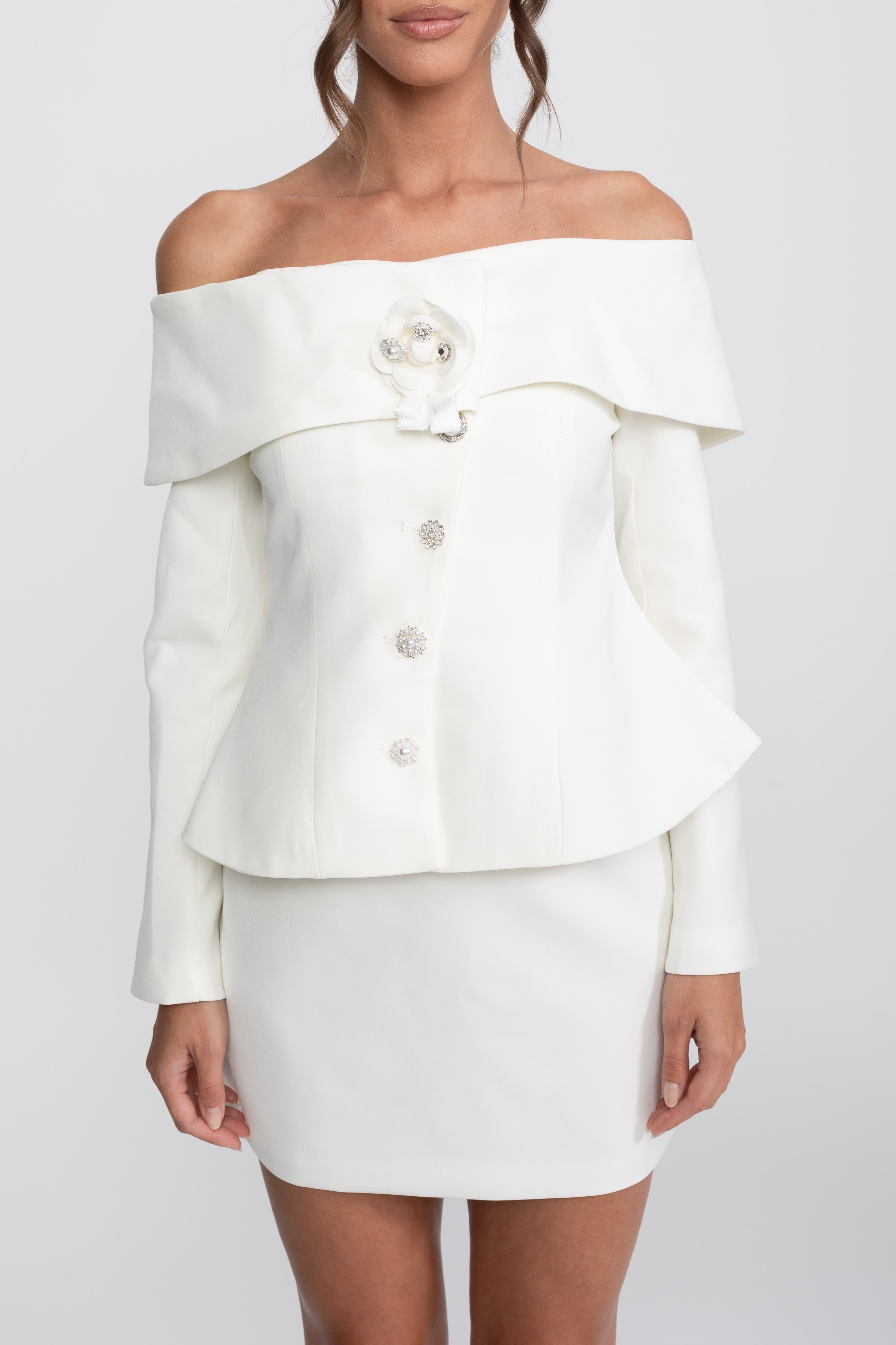Elegant Co-ord Set With Off-Shoulder Peplum Top And Mini Skirt - White