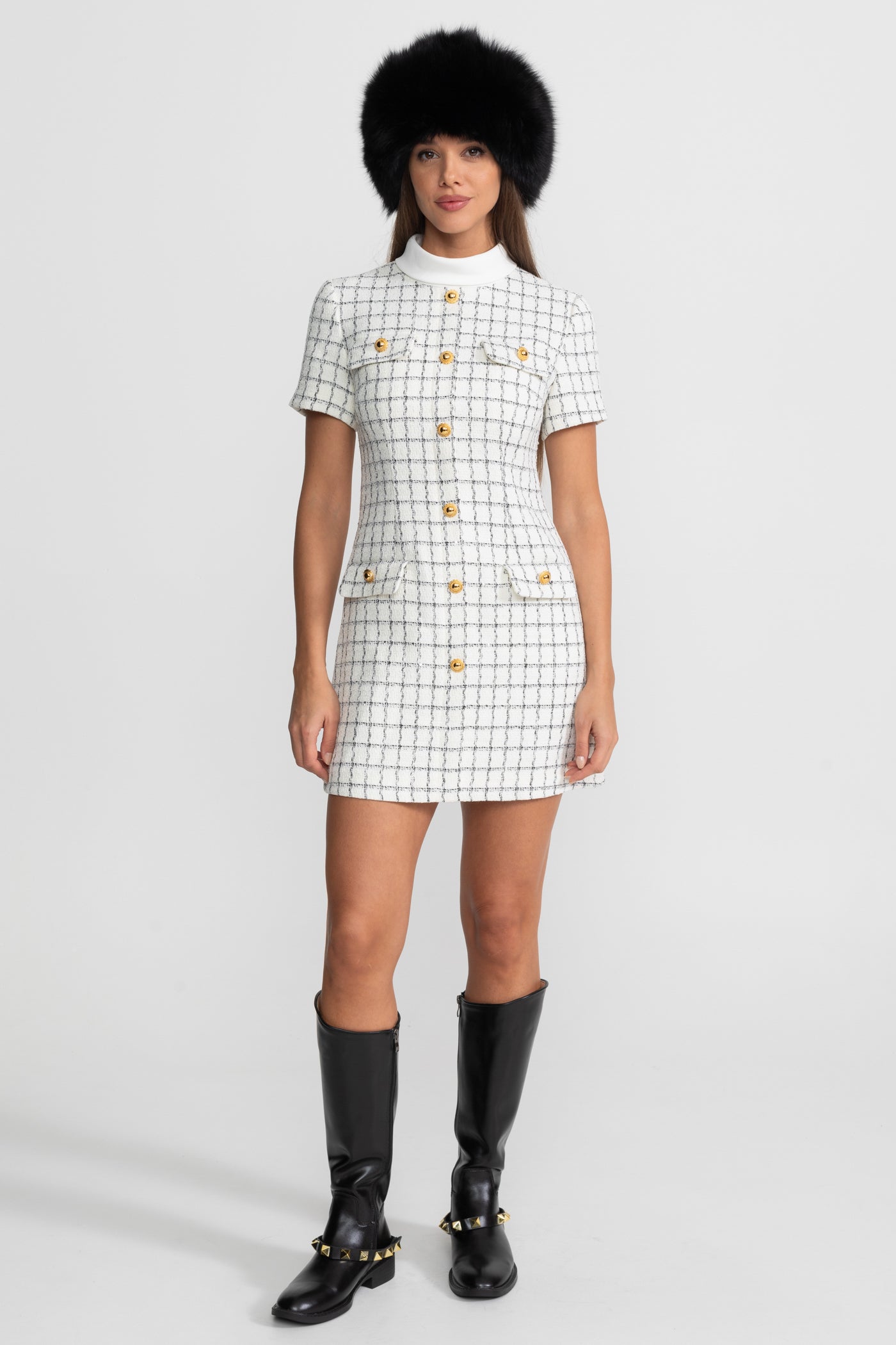 Short Sleeve Tweed Mini Dress With Contrast Collar – White And Black