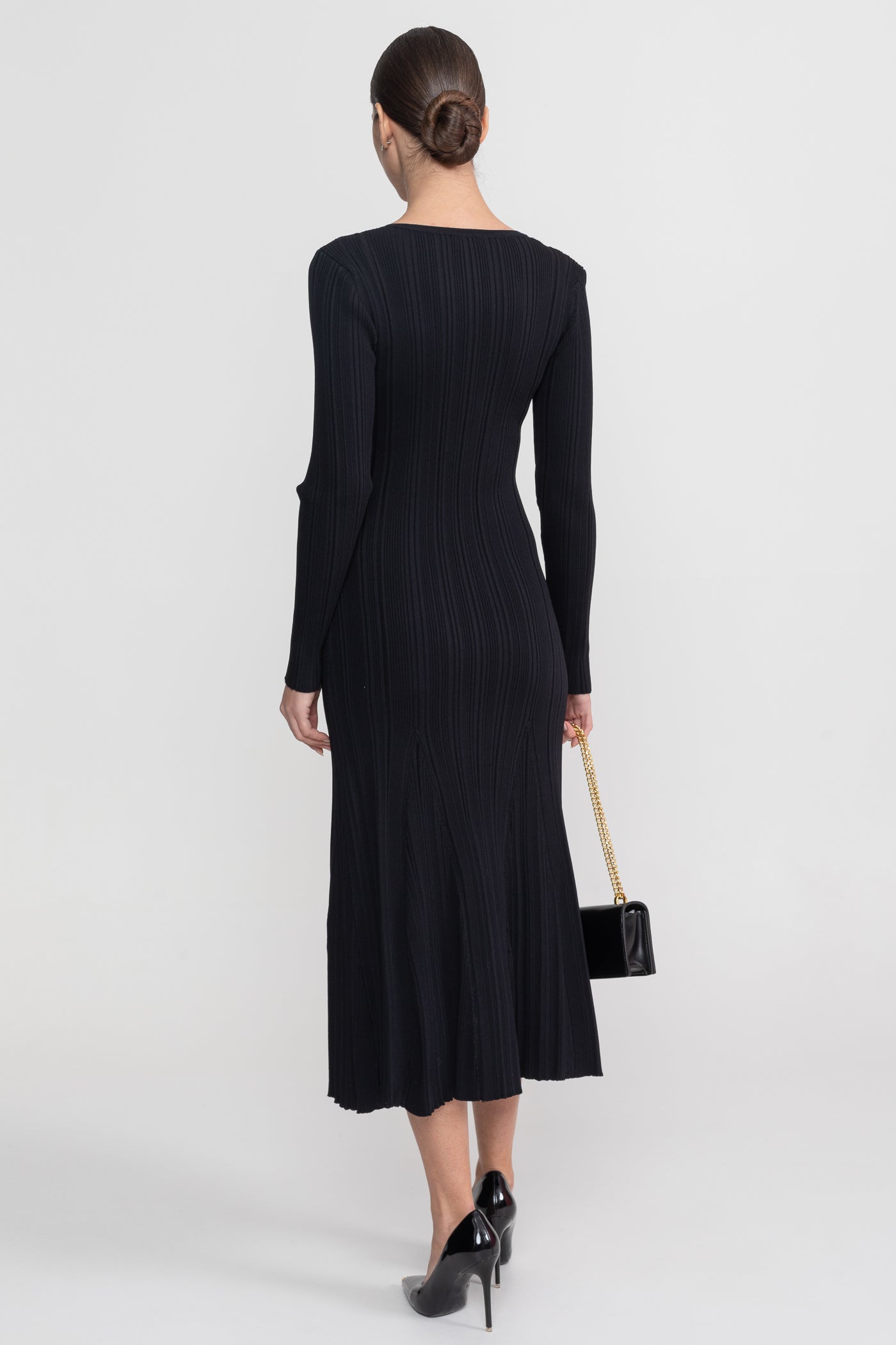 Ribbed Long Sleeve Midi Dress With Lace-Trim V-Neckline - Black